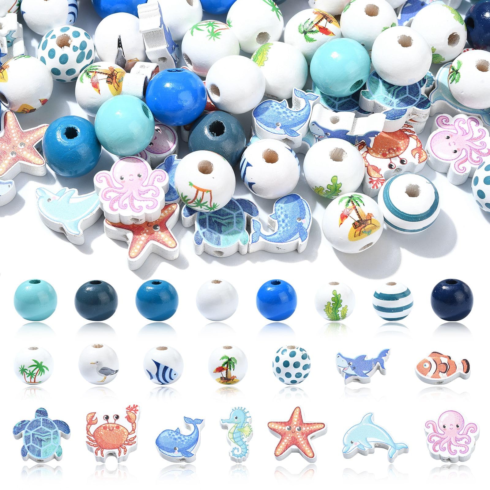UR URLIFEHALL 100 Pcs Ocean Themed Wooden Beads Round Sea Animal Shaped Beads for Jewellery Summer Crafts Home Hanging Decorative — image 1