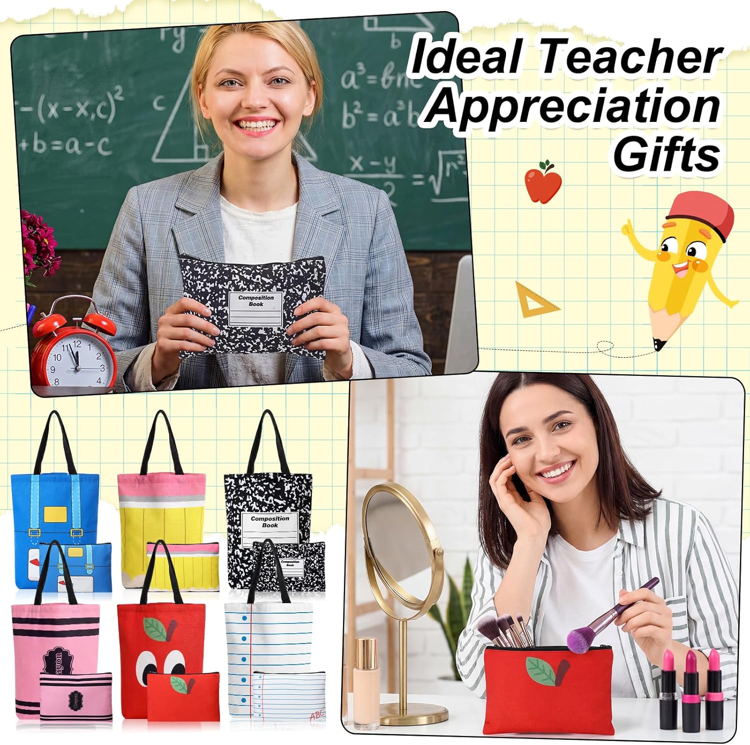 Capoda 12 Pcs Teacher Appreciation Gifts Bulk Include 6 Teacher Canvas Tote Bags 6 Reusable Cosmetic Bags Pencil Crayon Composition Notebook Apple Makeup Pouch Thank You Gift for Women Back to School