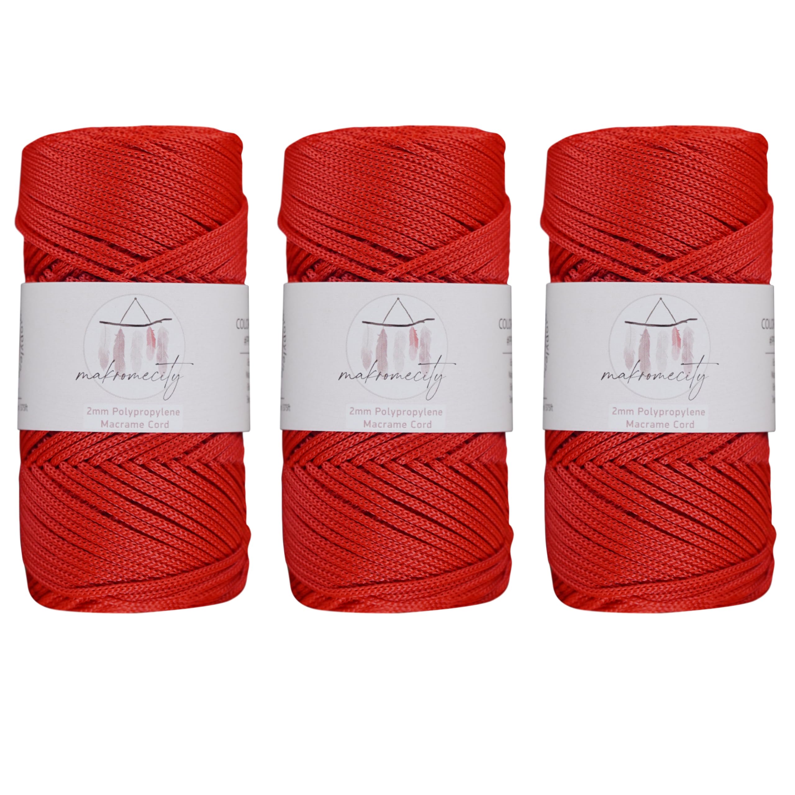 Makromecity, Polyester Macrame Cord 2mm x 125 Yards (375 feet) 2mm Polypropylene Macrame Cord Crochet Macrame Bag Cord Crafts for Wall Hangings, Bags, Underplate, Rug (3, Red)