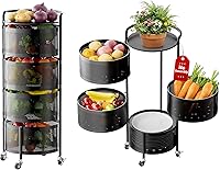 Vista 9 de JAQ Cesta giratoria de frutas, 5 niveles de metal resistente, estante de almacenamiento de cocina, carritos sin montaje en ruedas rodantes
