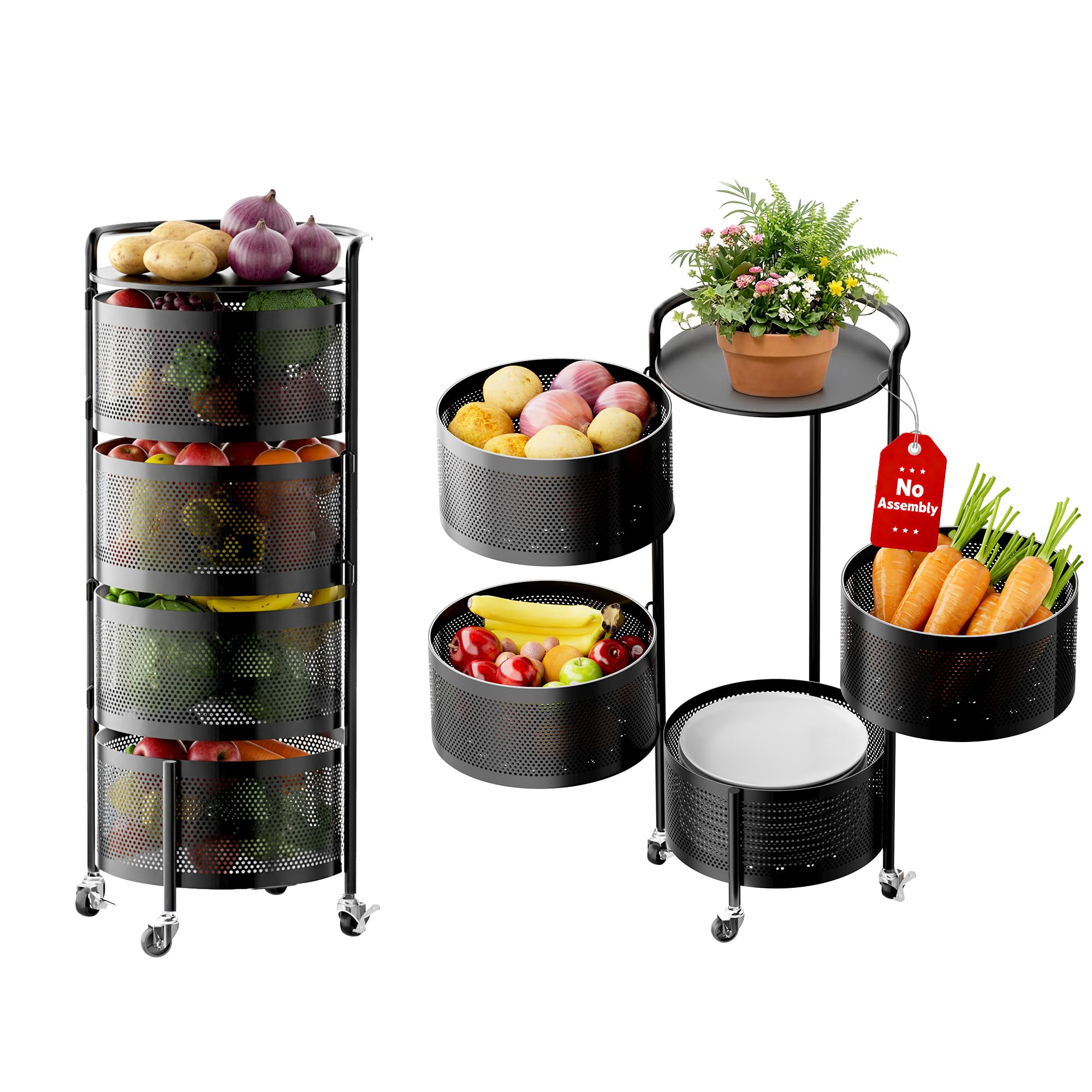 Photo 1 of ***MISSING RINGS*** JAQ No Assembly Integrated Vegetable Storage Rack, 4-Tier Rotating Fruit Basket with Wheels, Solid Carbon Steel Kitchen Storage Cart for Potato Onion Produce, Fruteros para Cocina, Black