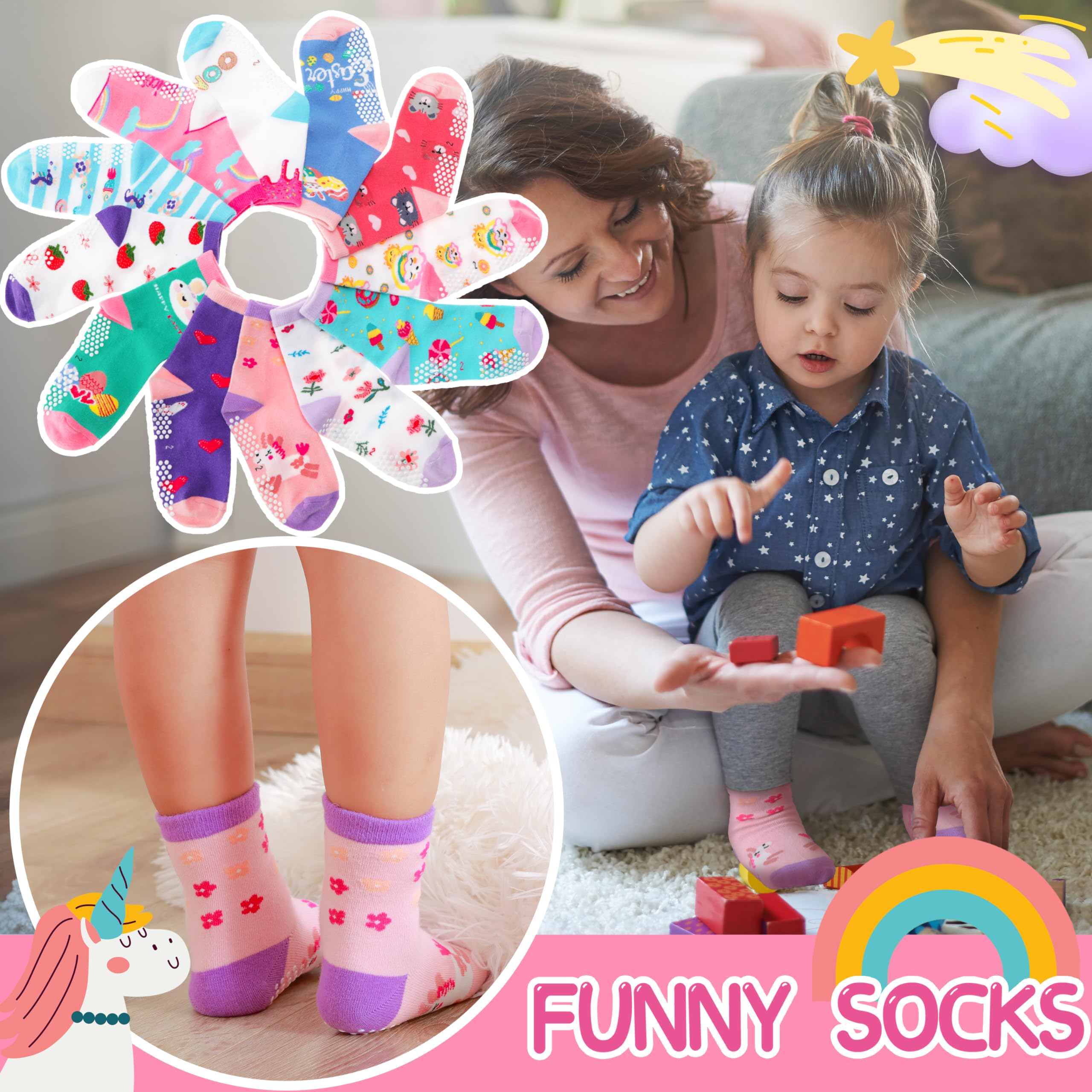 Welwoos 12 Pairs Baby Girls Toddlers Grips Socks Non Slip Funny Animal Cartoon Cosy Breathable Cotton Anit Skid Socks — view 3