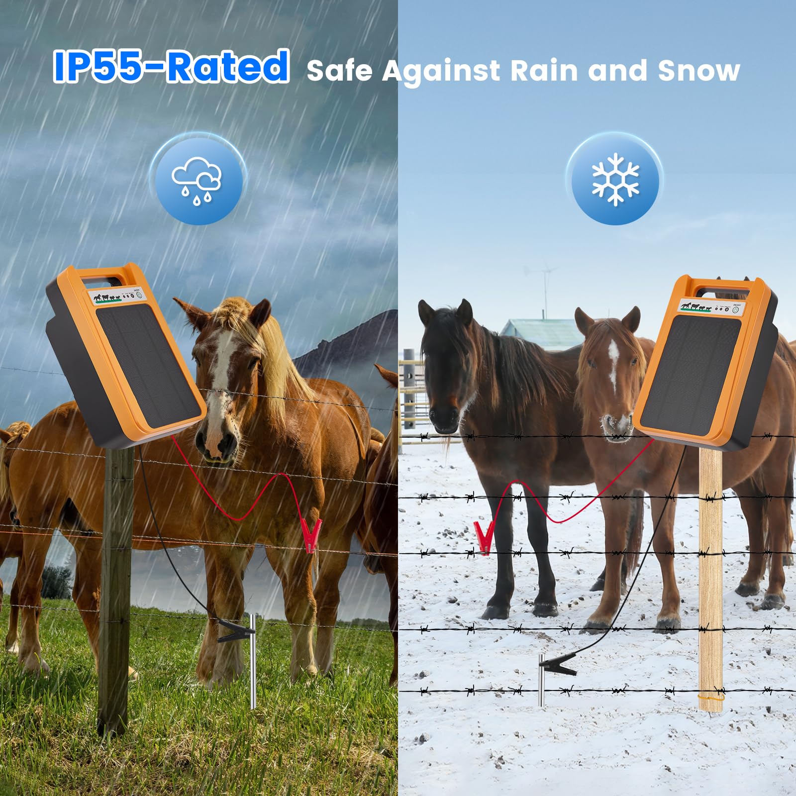 Elettrificatore per recinzioni elettriche con portata di 10 km, potenza di uscita di 1,5-2 J per bestiame e animali domestici, alimentazione trivalente (230 V/12 V/solare), impermeabile IP45
