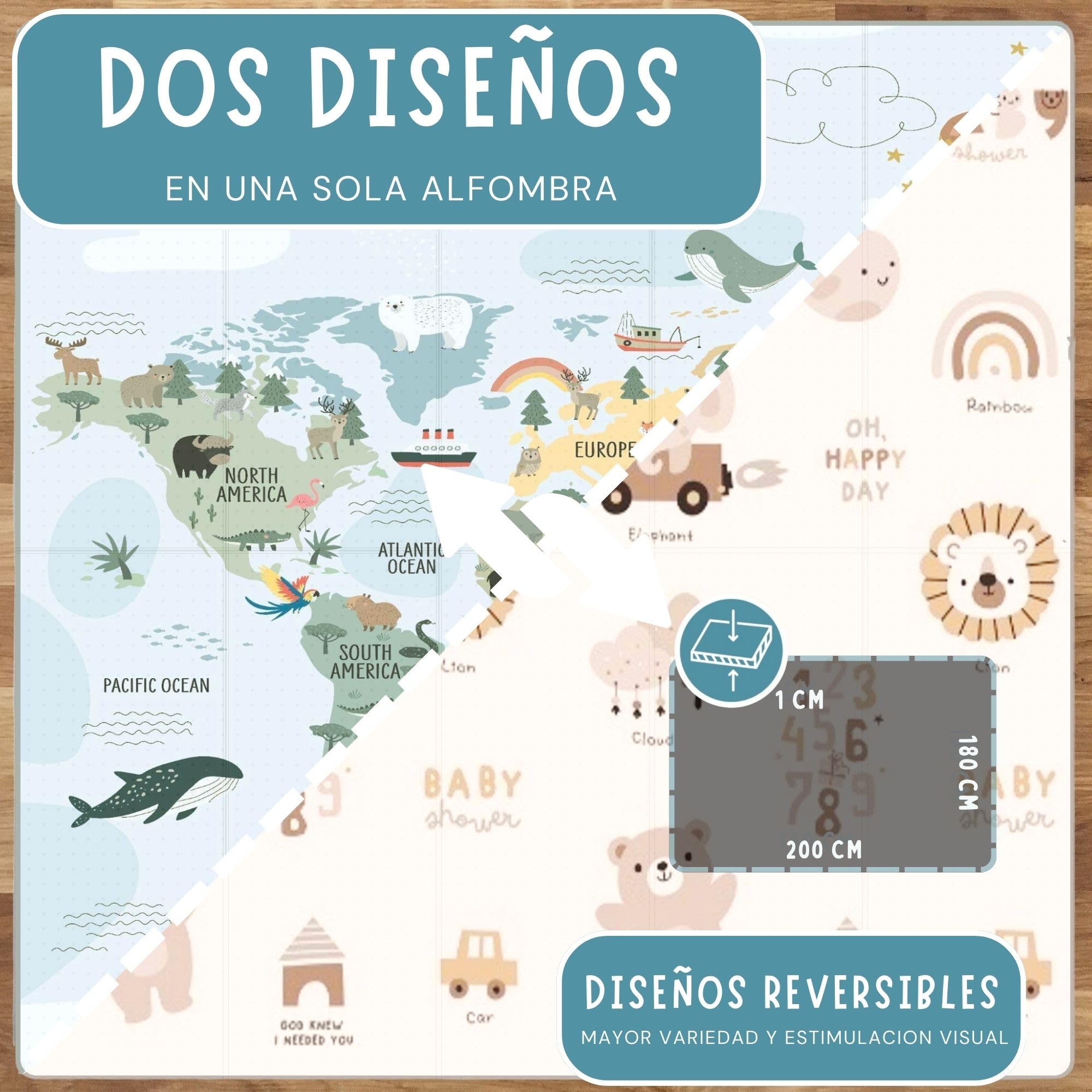 HUBORNS - Alfombra bebé plegable acolchada 200×180 cm para juegos y gateo, manta de actividades impermeable y reversible, tapete infantil antideslizante, regalo ideal recién nacidos (Mapa XL)