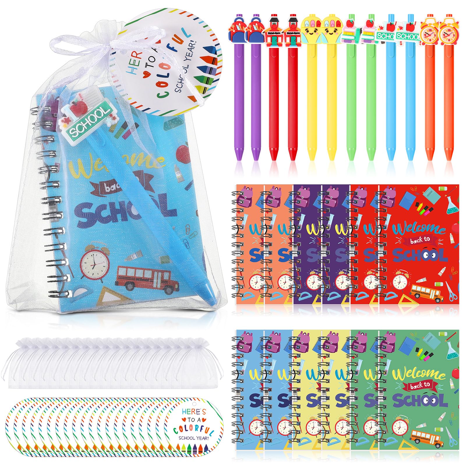 Motipuns 24 Set Back to School Stationery Set for Students, First Day of School Ballpoint Pens Mini Notebook Gift Card Welcome to School Gifts for