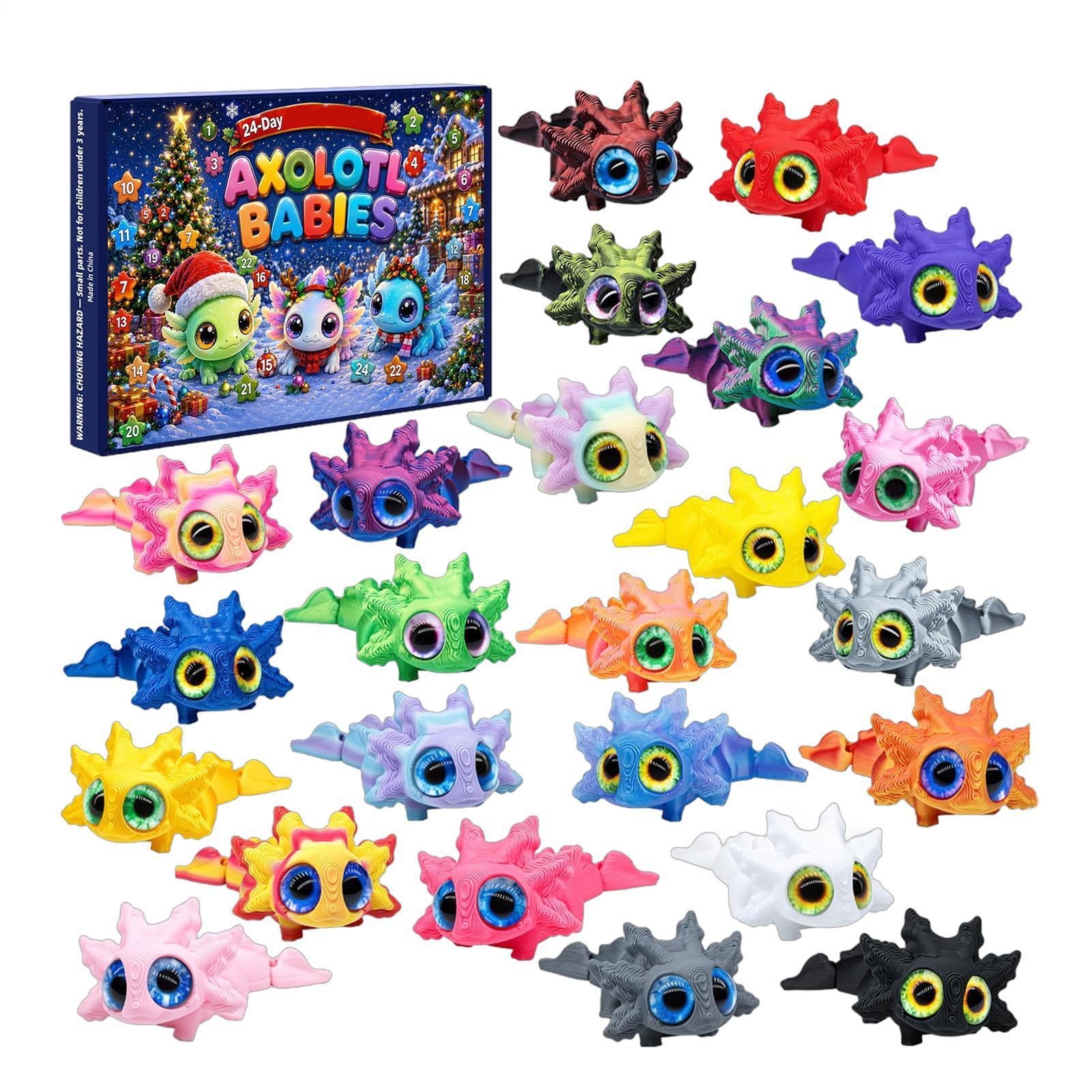 Aksolotl Kalendarz Odliczający Świąteczny Ruchomy Aksolotl z Druku 3D | Kawaii Zabawki Zwierzęce Dla Dorosłych i Dzieci Upominki Na Przyjęcia Nagrody Klasowe Wypełniacze Do Skarpet