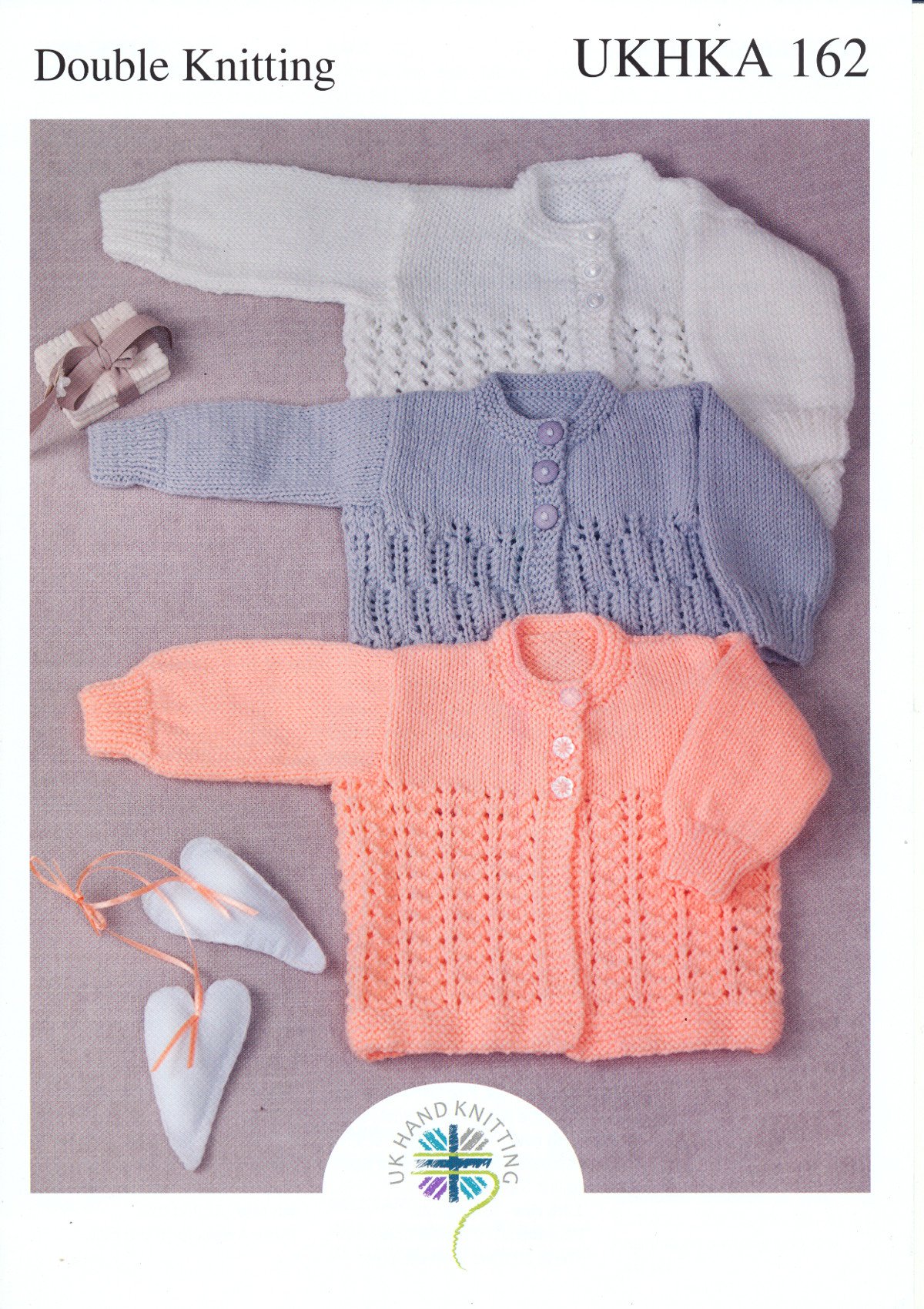 UKHKA Double Knitting DK Pattern for Baby Long Sleeved Lacy Panel Cardigans 162