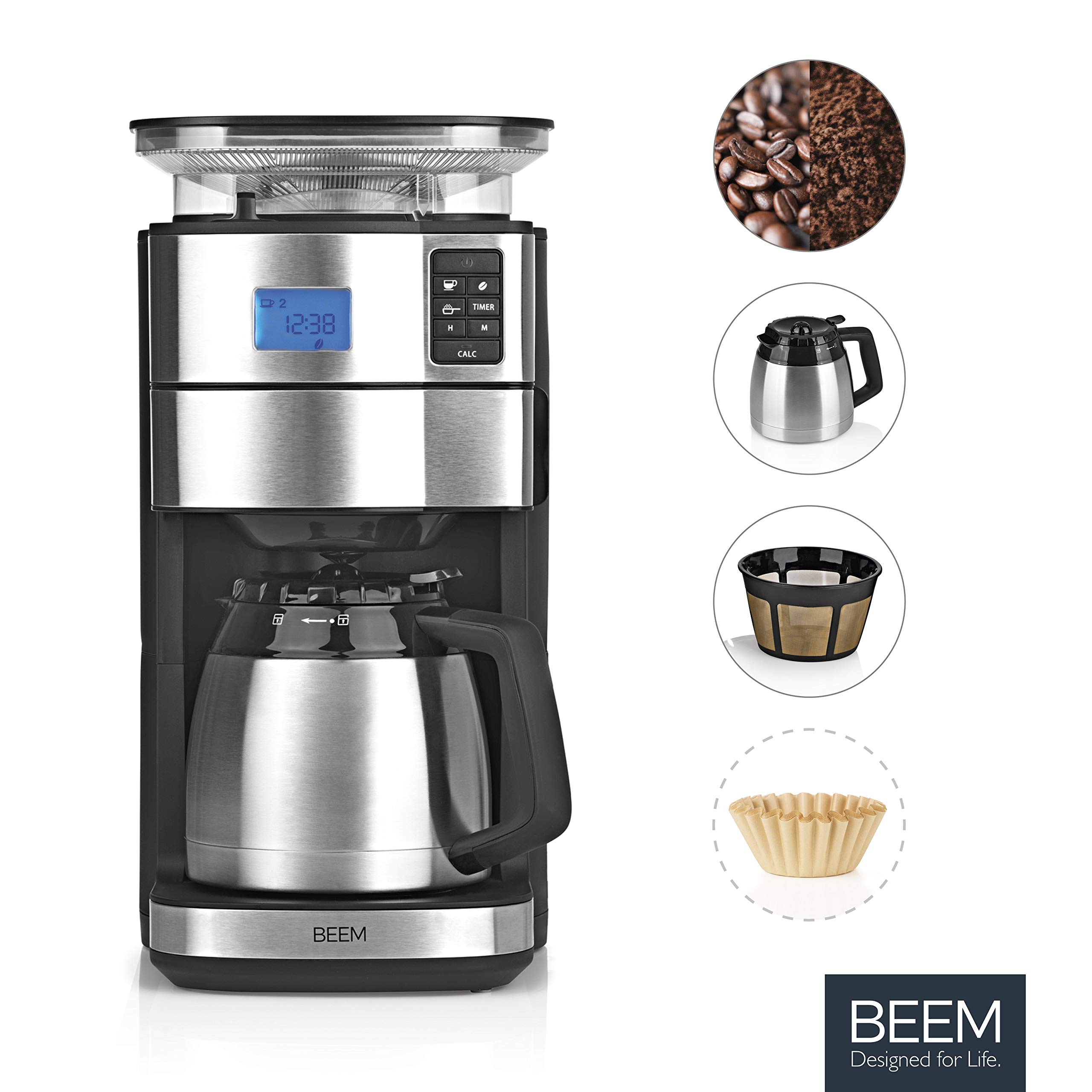BEEM FRESH-AROMA-PERFECT II Filterkaffeemaschine mit Mahlwerk - Thermo | Edelstahl | Thermokanne | 24h-Timer | 1000 W | 180 g Bohnenbehälter