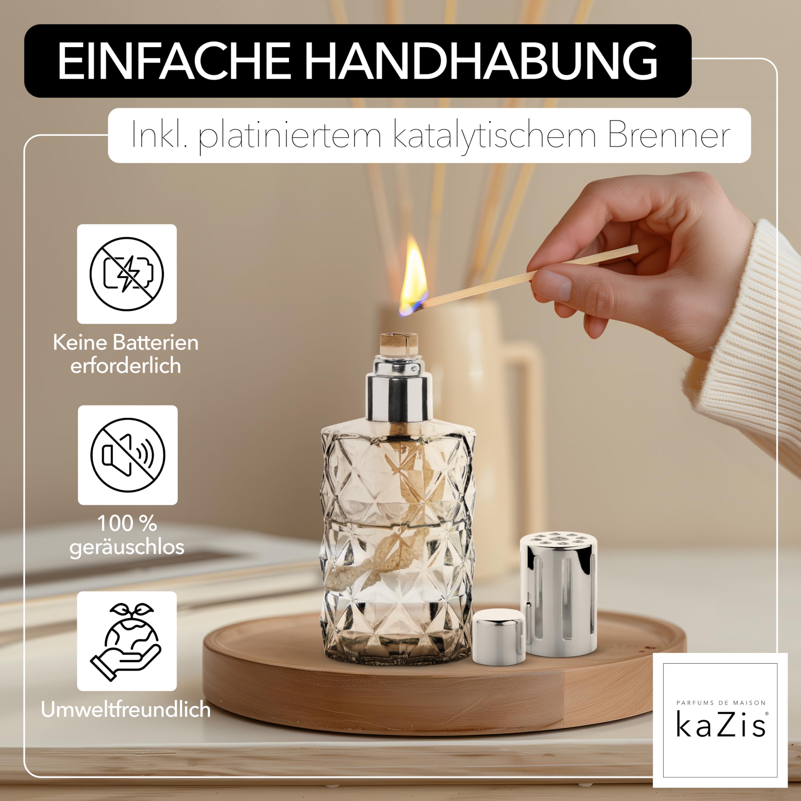 KAZIS® I Katalytische Lampe I Duftlampe I Glas I XXL I 400 ml Inhalt I graue Rauten