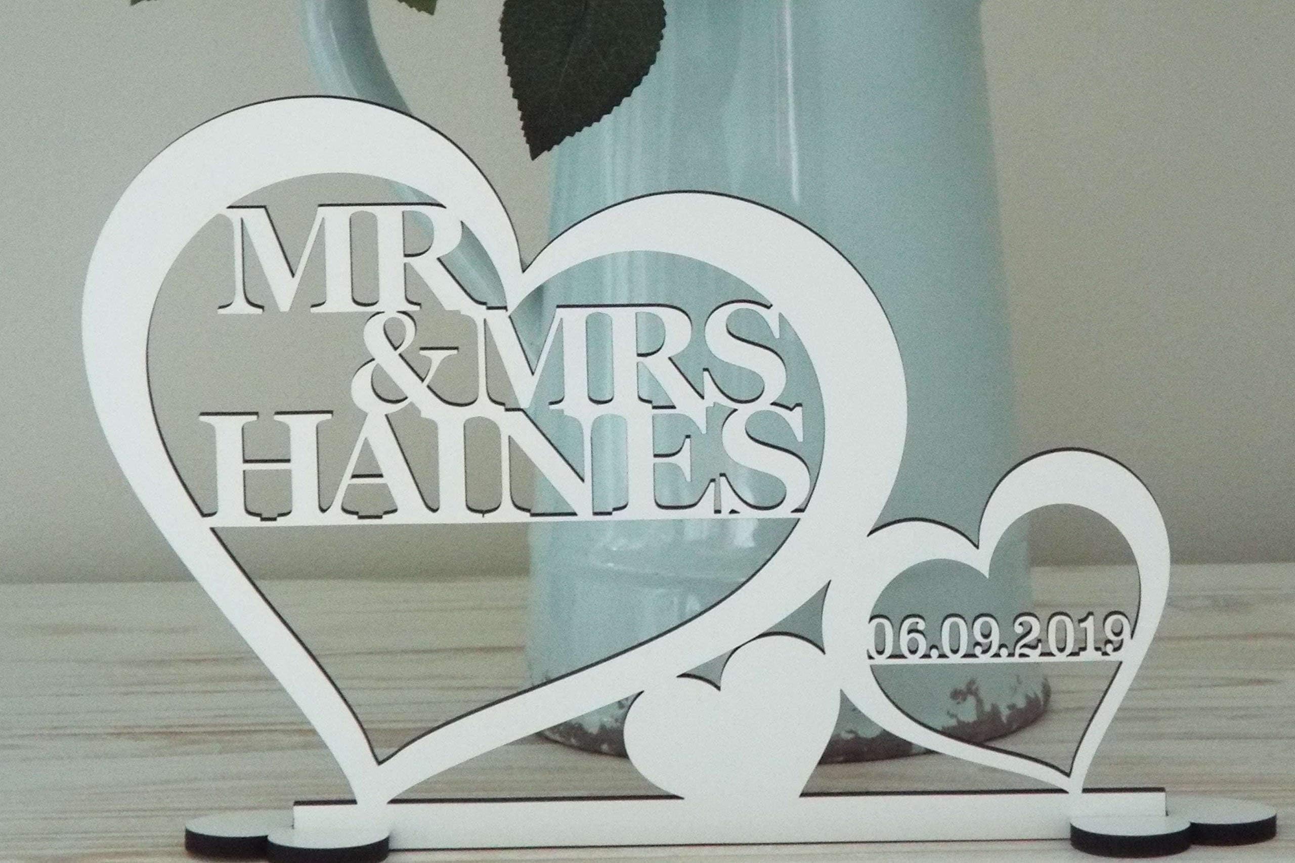 Personalised Mr & Mrs Sign Wedding Top Table Decoration with date, Freestanding