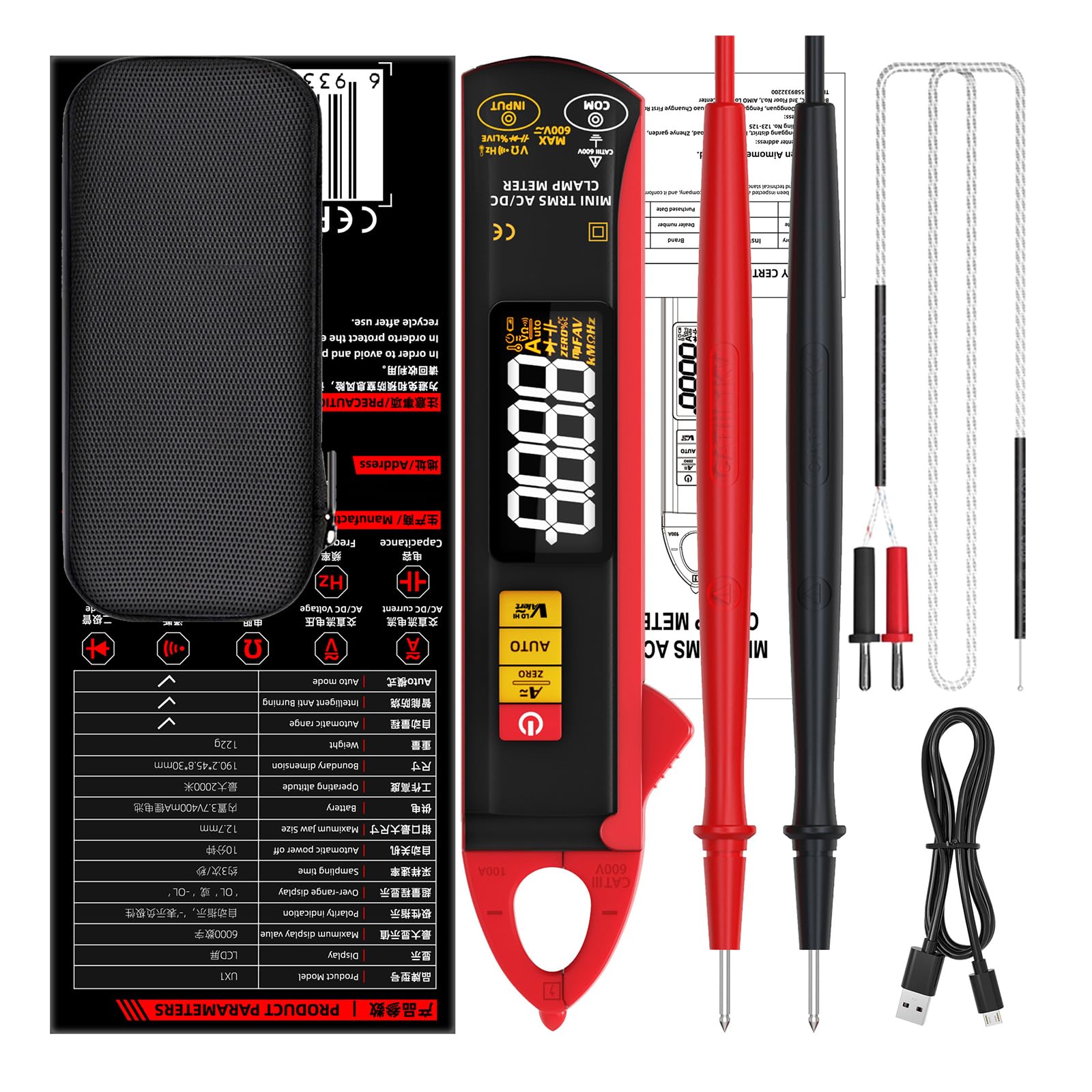 Hzbb Clamp Meter Digital Multimeter 0-610V 100A Voltages Current Resistance 6000 Counts Current Ammeter Tester Voltages Tester