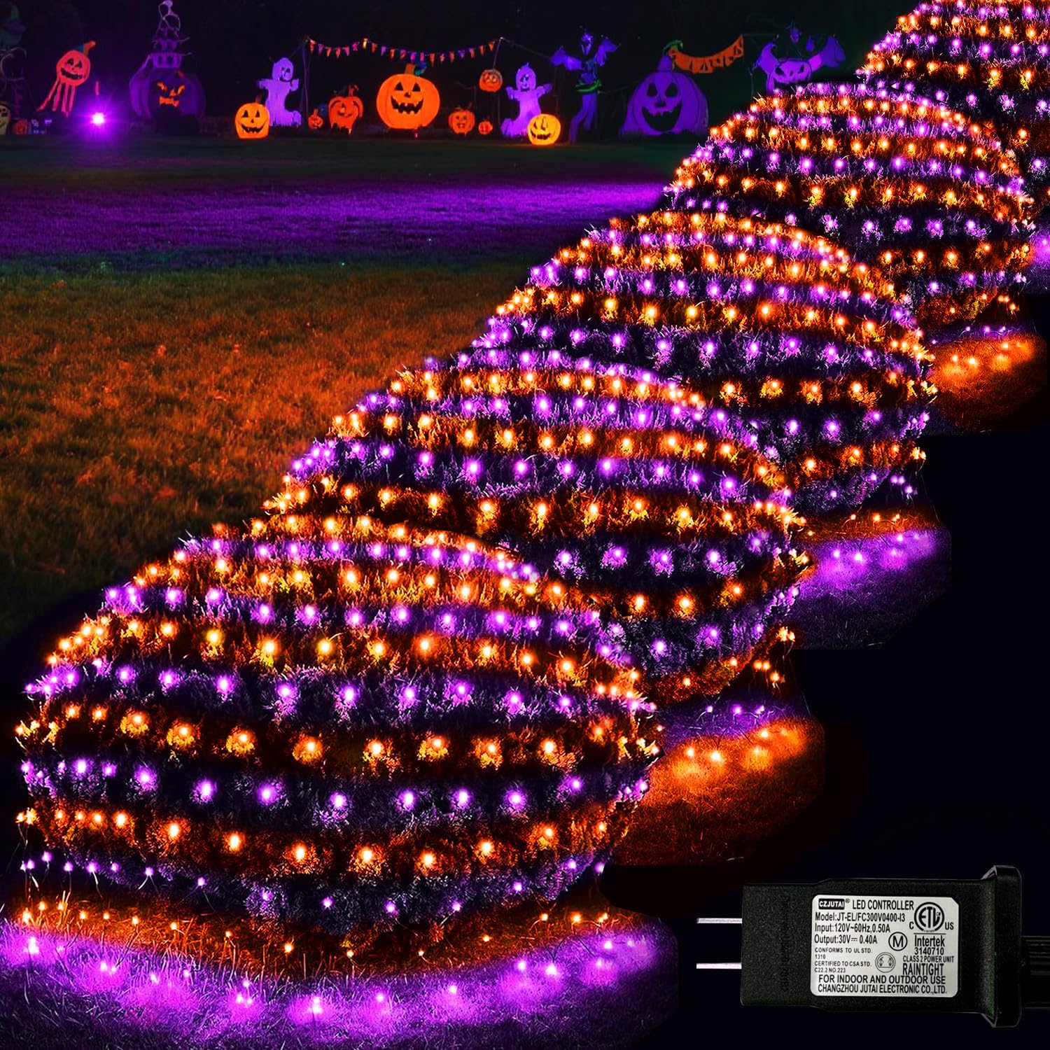 Halloween Net Lights, 510 LED Large Outdoor Net Mesh Lights for Bushes 28x5ft, 8 Modes Waterproof Twinkle String Light Connectable for Hedge Yard Decor, Orange and Purple