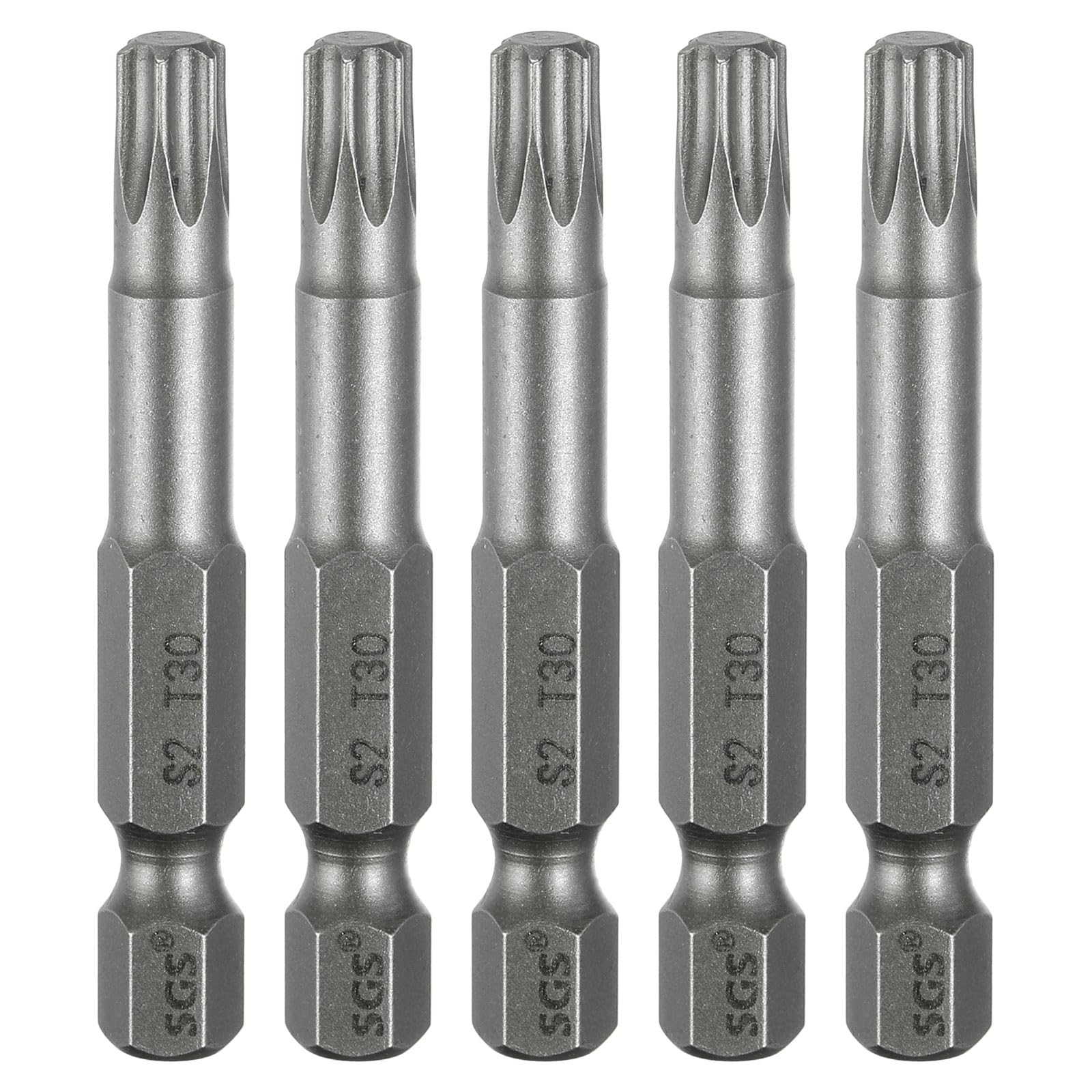 sourcing map 5pcs T30 Torx Head Screwdriver Bit 1/4" Hex Shank 2" (50mm) Long Magnetic No Hole Tip Tamper Proof 6 Point Star Screw Driver Drill Bits S2 Steel Industrial Power Screwdrivers