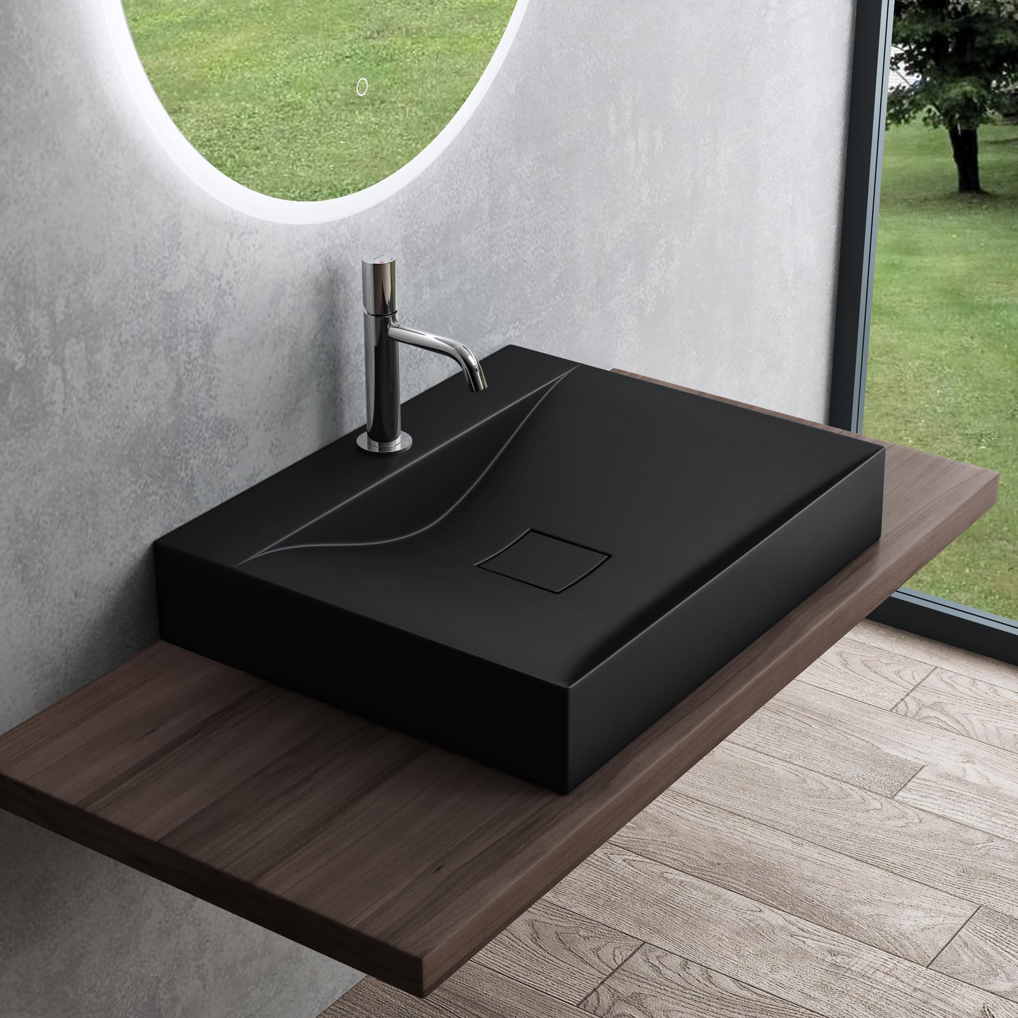 Mai & Mai Lavabo da Appoggio 60x48x10cm, Lavabo Bagno Sospeso Lavandino Bagno Rettangolare Colossum810 Marmo fuso, Nero Opaco