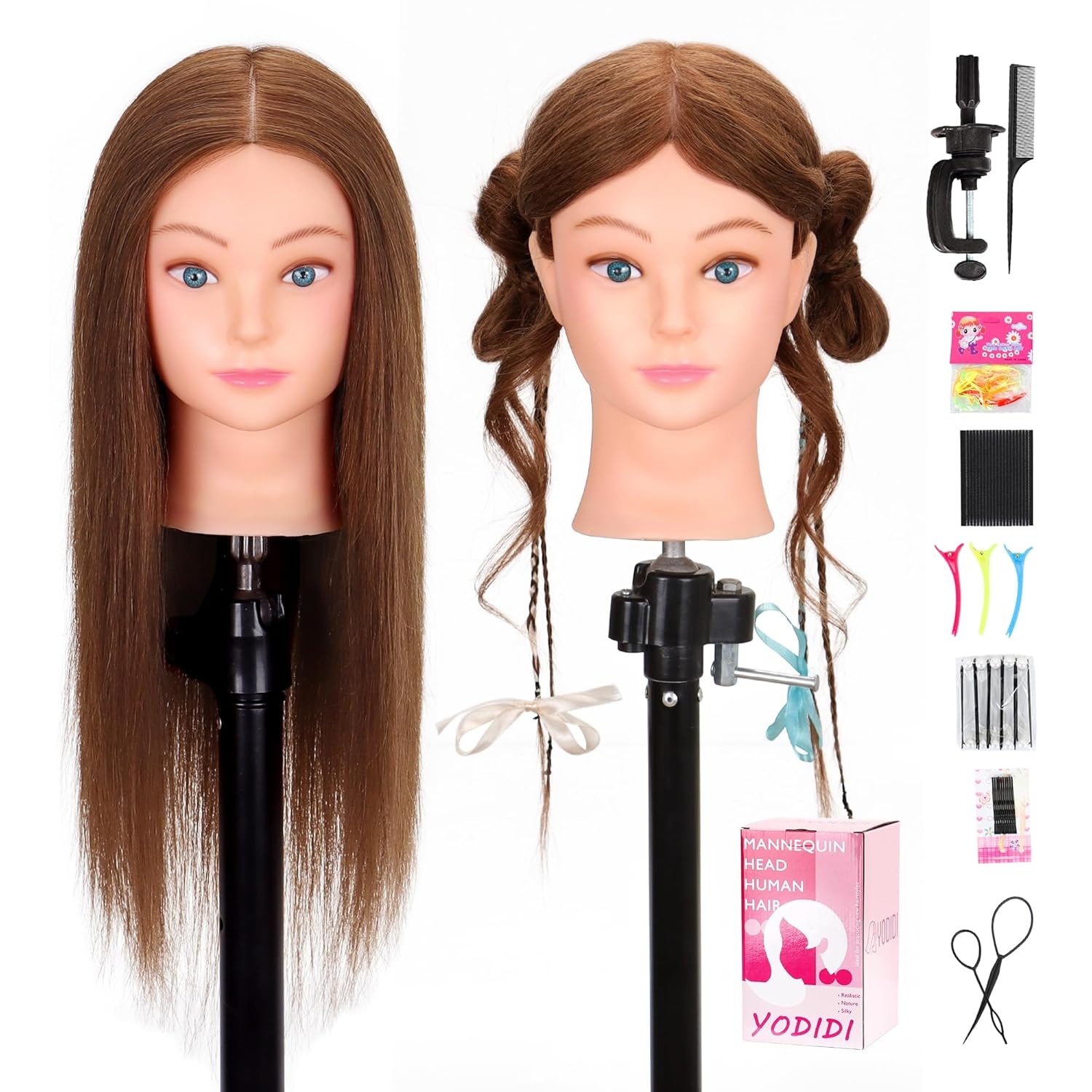 Mannequin Head Human Hair 22"-24" Female 100% Human Hair Mannequin Head Hair Styling Cosmetology Manikin Head Doll Head for Hairdresser with Clamp Holder and Tools (dark brown)