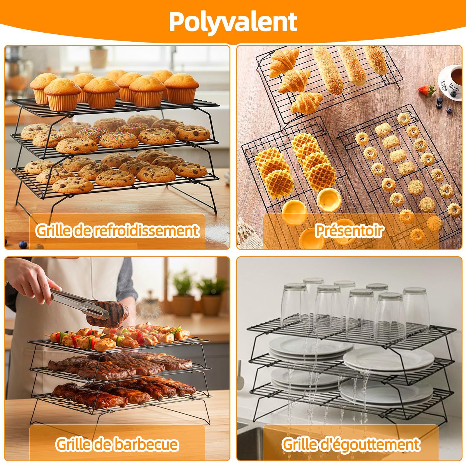 Grille de Refroidissement Pâtisserie Acier Carbone Antiadhésive 40x25 cm Pliable Empilable 3 Niveaux