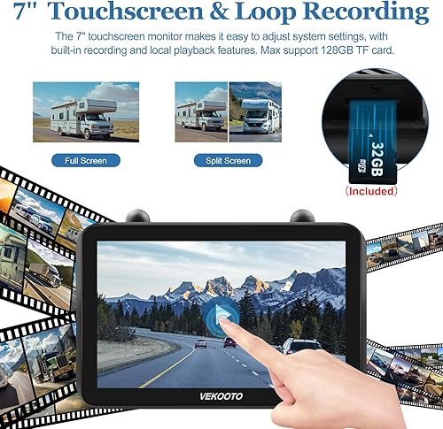 Miniatura 4 de VEKOOTO VK7 2 - Cámara de respaldo inalámbrica solar magnética con pantalla táctil IPS de 7 pulgadas, 15,000 mAh recargable, sin cableado, cámara de