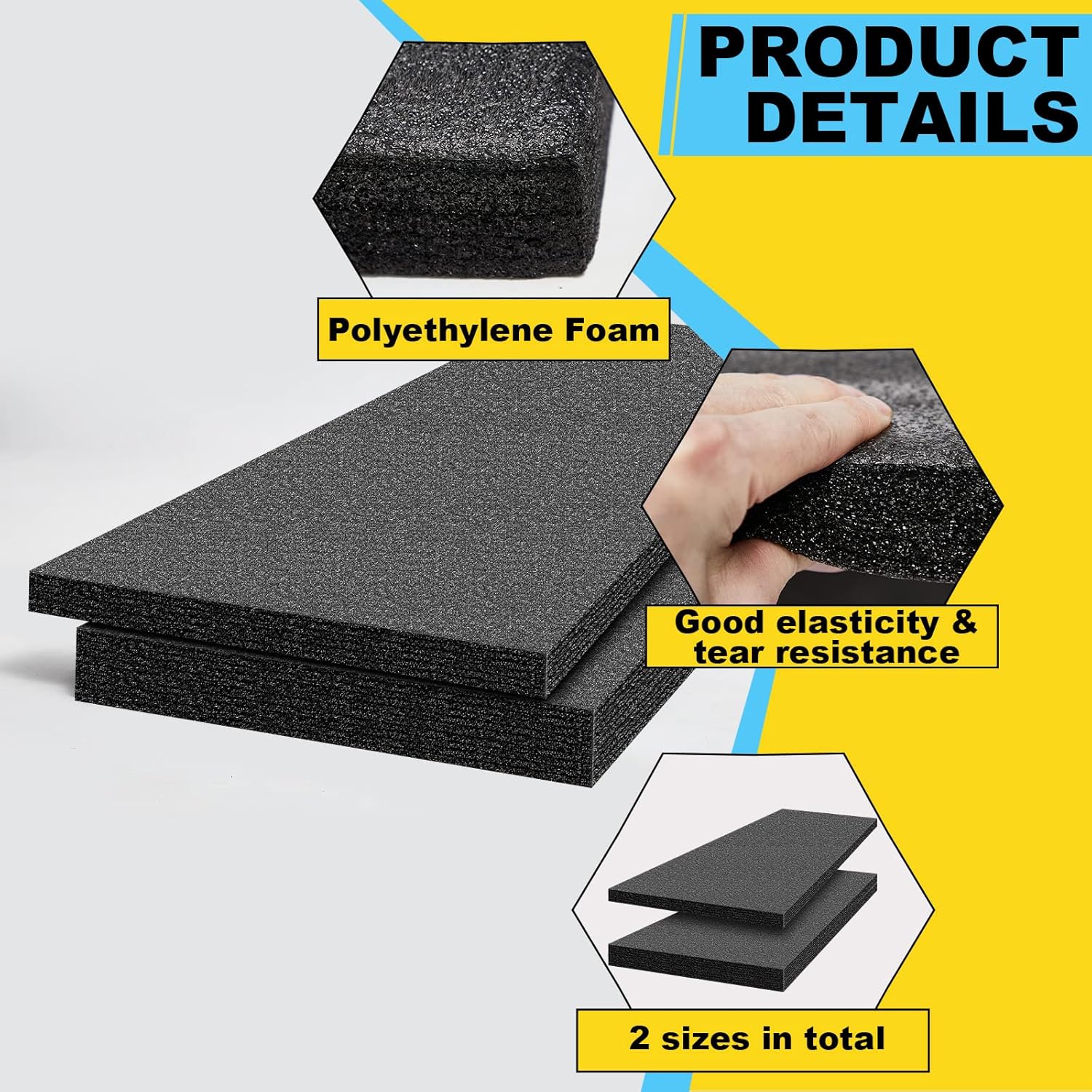 Yaomiao 2 Sheets Customizable Polyethylene Foam 54 x 16 x 2 and 54 x 16 x 1.5 Thick Black Packing Foam Inserts for Cases Thick Polyethylene Foam Sheet for Packaging and Crafts