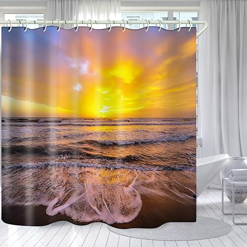 El baño está equipado con una cortina de ducha 3D Sunset Beach, lujosa cortina de ducha impermeable estándar para bañera, 12 ganchos blancos y