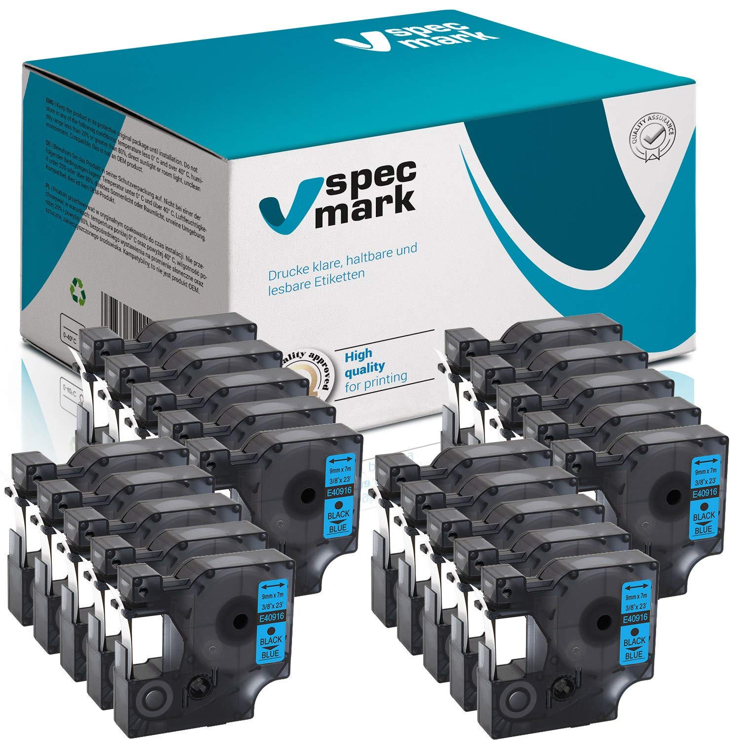 specmark 40916 S0720710 - Nastro adesivo 9 mm x 7 m, set da 20 pezzi, nero su blu