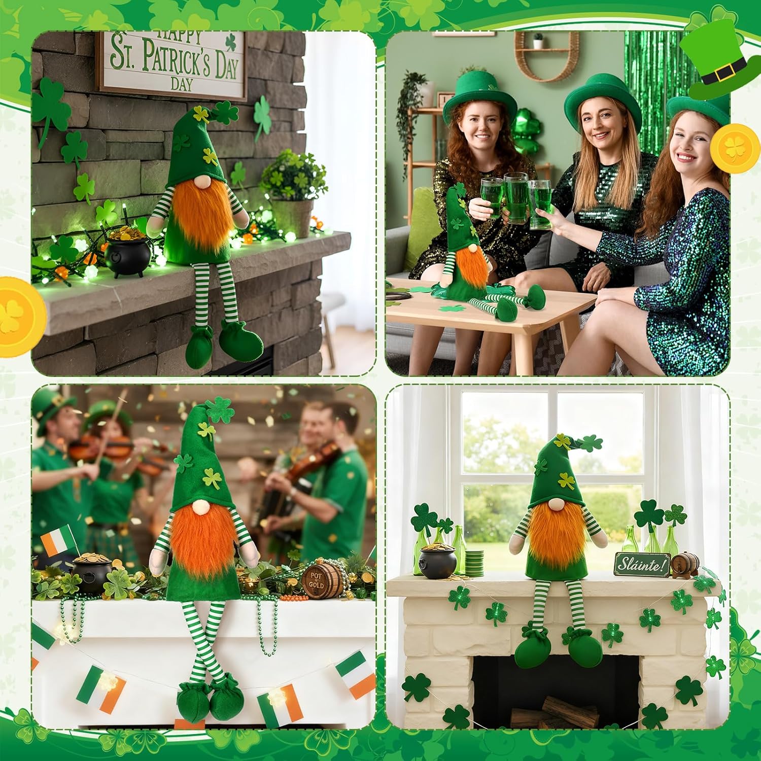 Soulchen 21 Inch Extra Large St. Patricks Day Tree Topper Leprechaun Gnome Tree Topper with Long Dangling Legs Oversized Irish Green Shamrock Sitting Treetop Decoration for Holiday Party Decor - Image 4