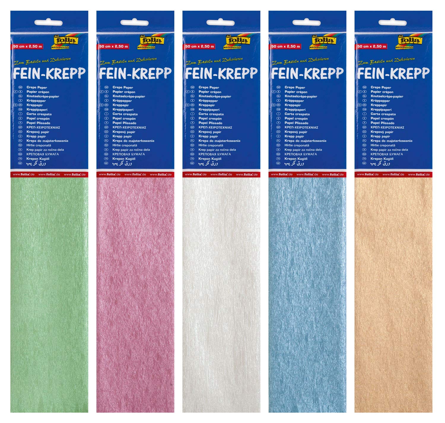 folia 8229127 - Krepppapier, 10 Lagen in 5 irisierenden Farben, jede Lage ca. 50 x 250 cm, 22 g/m², sehr elastisches und dünnes Papier, mit einer unebenen und rauen Oberfläche