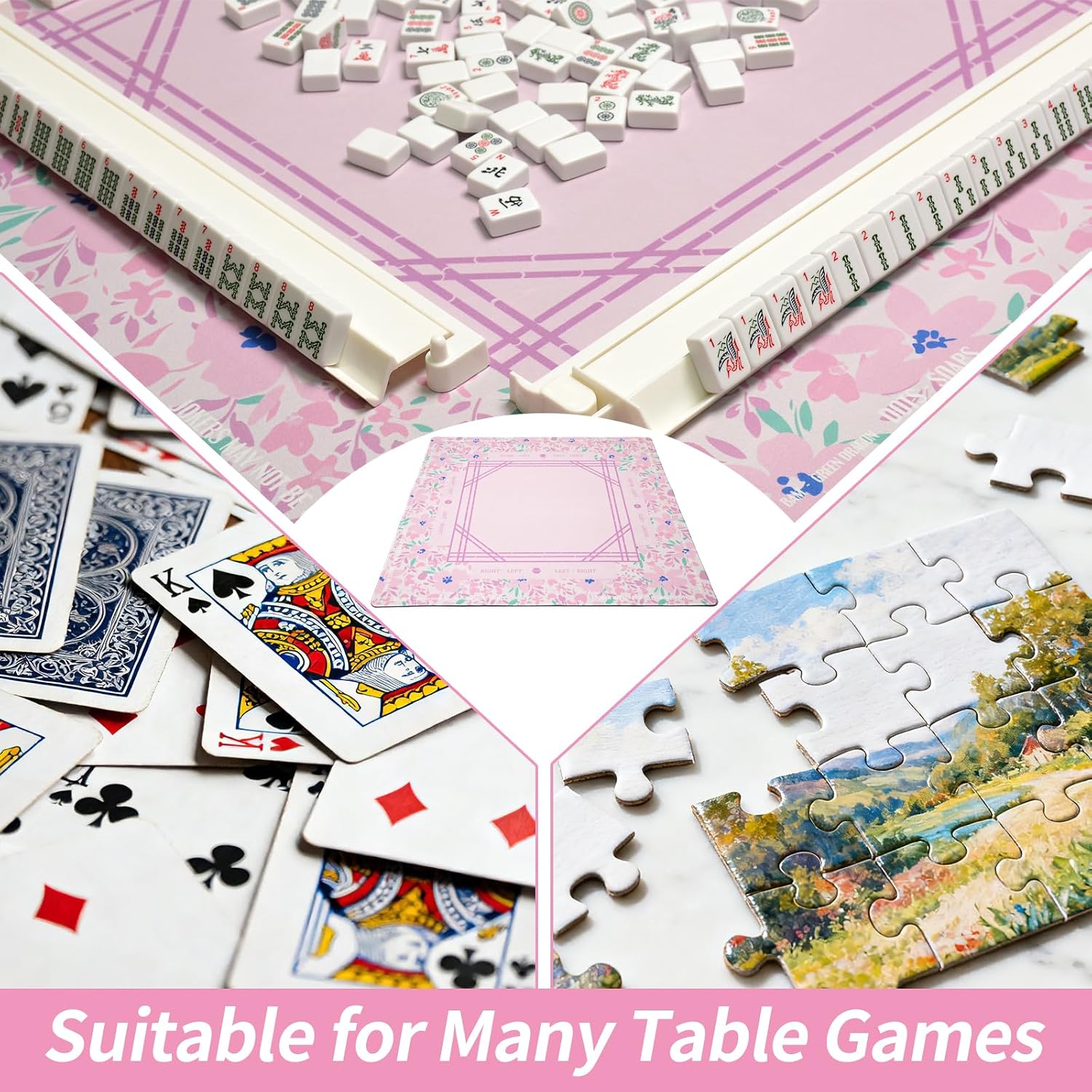 Pink Mahjong Rubber Mat Set, 32.6x32.6 Inches with 4 Playing Instructions, 2 Tile Mixers, 4 Line Finders, Anti-Slip, Silent, Waterproof and Foldable for Mahjong/Card Games/Board Games