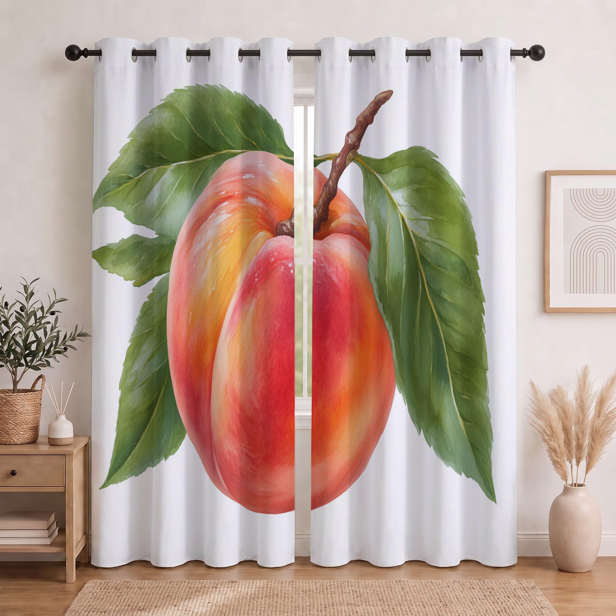 Einfaches Obst Verdunkelungsvorhänge Mit Ösen | Orangerot Realistische Nektarinen Vorhänge Blickdichte Für Wohnzimmer Schlafzimmer, Sichtschutz H214 X B91.5 cm (2Er Pack)