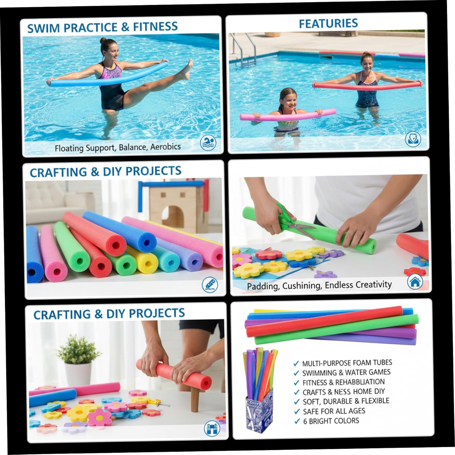 Pool Noodles 6 Pack Colorful Swimming Noodles 59 Inch Long Hollow Core Foam Floats for Pool Lake Water Fun Exercise & DIY Crafts