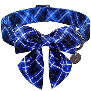 UP URARA PUP Dog Collar with Bow Tie, Cotton Dog Bowtie Collar for Puppy Girl Boy Dogs or Cat, Blue Bowtie Dogs Collars with Durable Metal Buckle, Holiday Plaid Puppy Collars,L