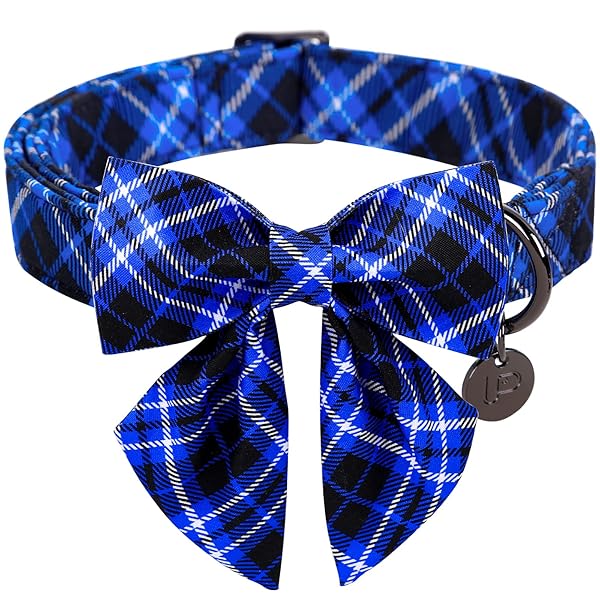 UP URARA PUP Dog Collar with Bow Tie, Cotton Dog Bowtie Collar for Puppy Girl Boy Dogs or Cat, Blue Bowtie Dogs Collars with Durable Metal Buckle, Holiday Plaid Puppy Collars,L
