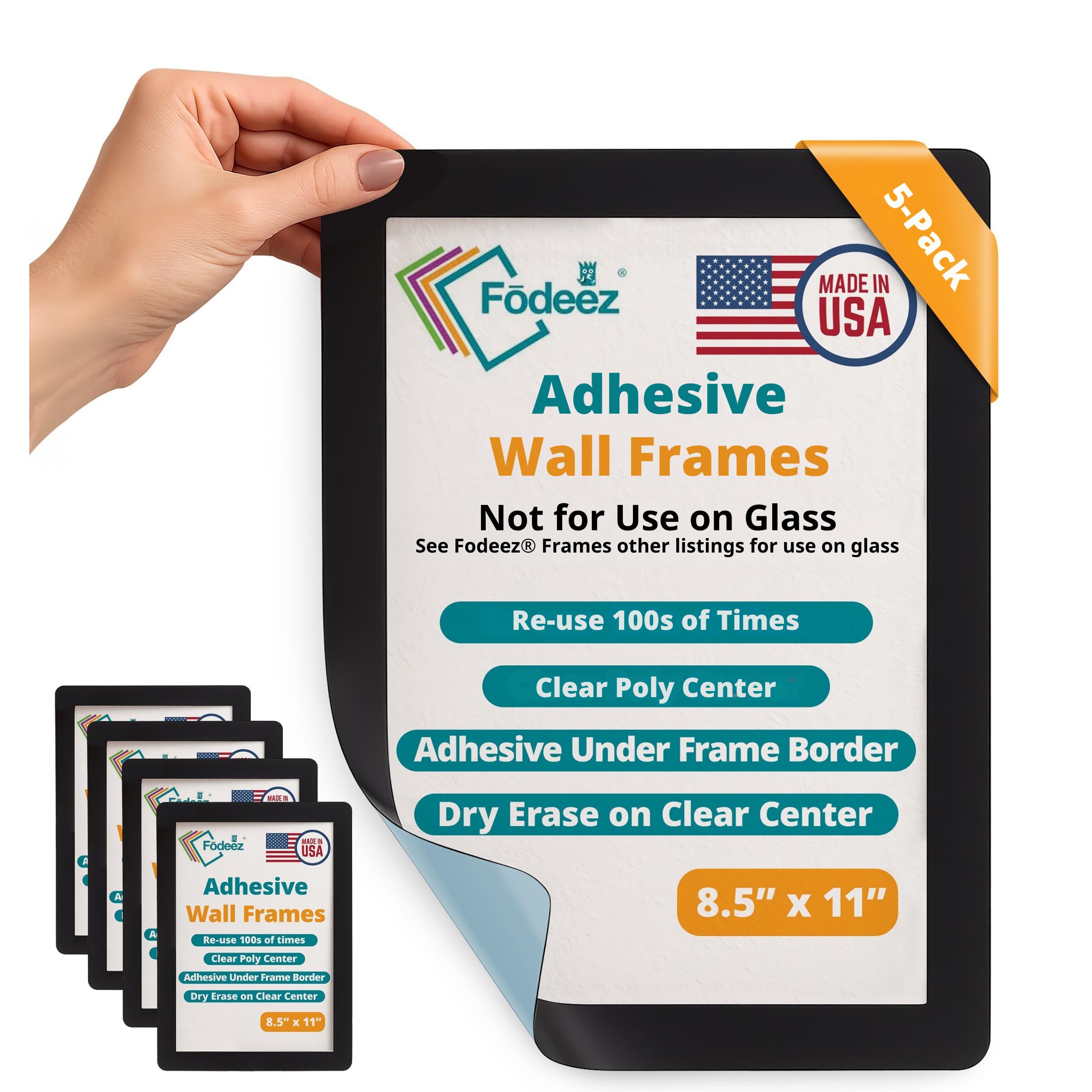 Fodeez 8.5 x 11 Adhesive Wall Frames - Peel & Stick Picture Frames, Wall Sign Holder, Paper & Letter Protector Sheets, Reusable Picture Frame, Dry Erase, Non Magnetic & Non Acryclic - Black, Pack of 5