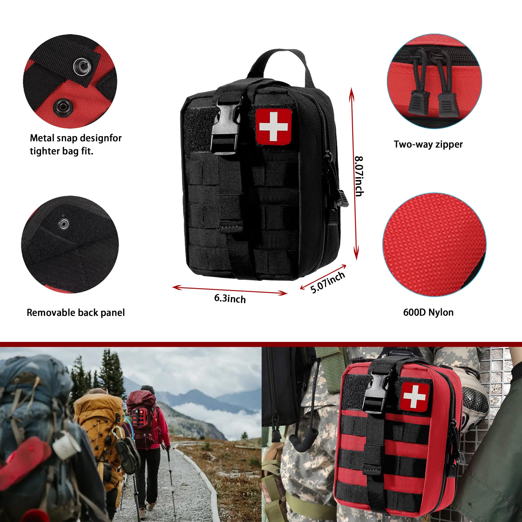 293 szt./zestaw - Apteczka pierwszej pomocy Molle Awaryjny zestaw survivalowy odpowiedni do aktywności na świeżym powietrzu, domu, szkoły, wędrówek, podróży samochodem i kempingu - niezbędnik