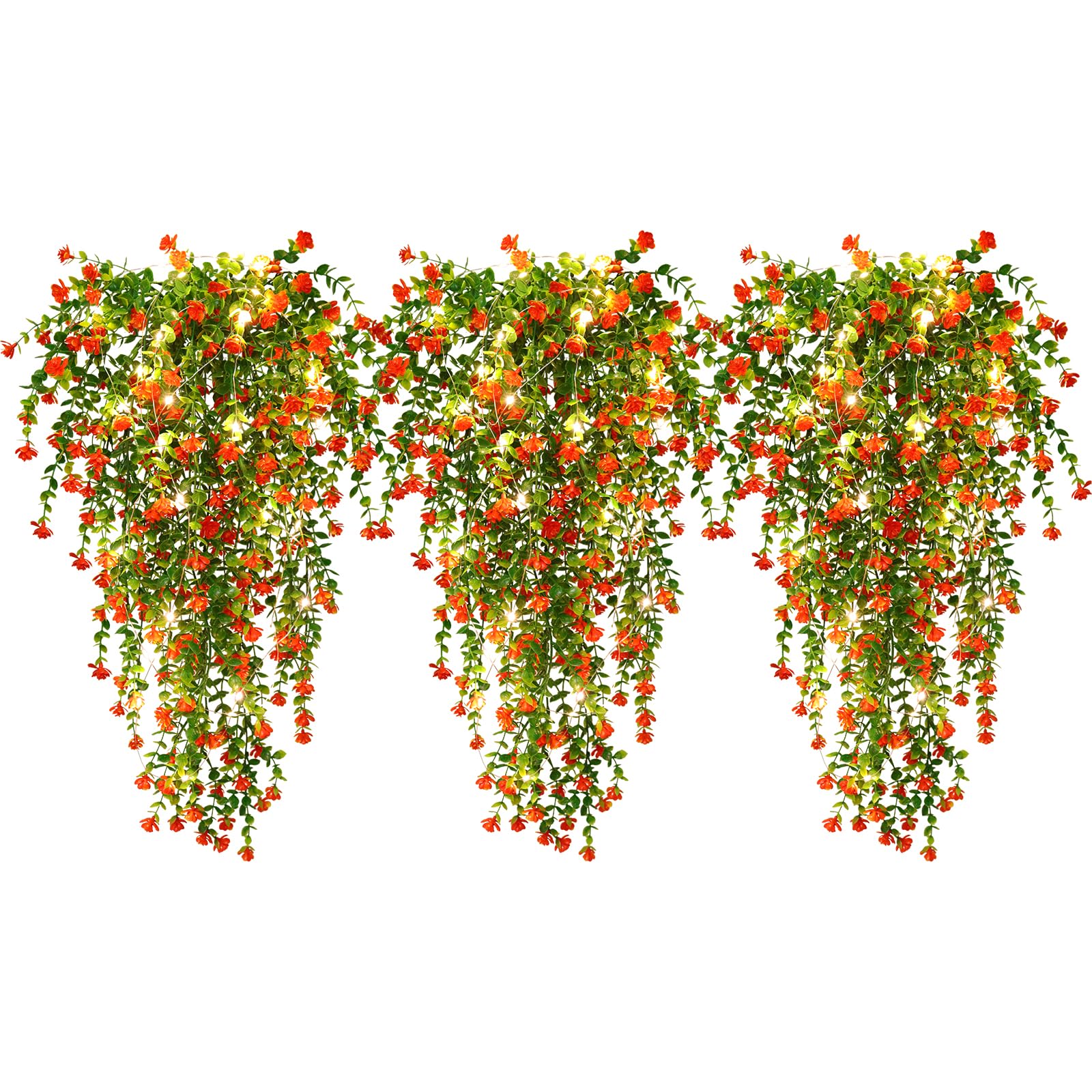 RECUTMS Artificial Plant, 3 Pack Hanging Plants with 30 LED Lights, 11.5in Eucalyptus, Orange Red, Indoor Outdoor Decoration