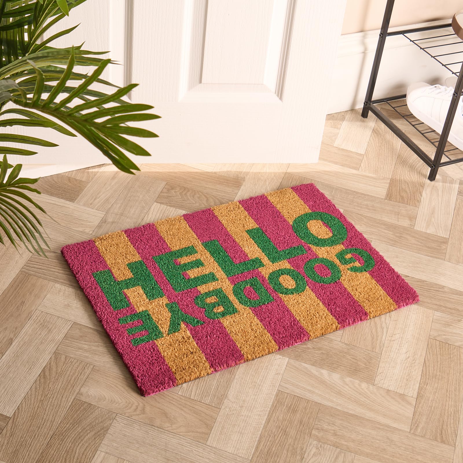 OHS Door Mat Indoor Outdoor Hello Goodbye Print, Washable Coir Door Mats Non Slip Stylish Dirt Trapper Doormats Heavy Duty Welcome Mat Front Doors Entrance Rug, Green/Pink - 40 x 60cm