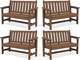 Outdoor Bench, HDPE Outdoor Benches Weatherproof, 2-Person Garden Bench with 660 lbs Weight Capacity, Patio Benches for Outdoors, Garden, Porch, Backyard and Park, Brown, 4 Pack