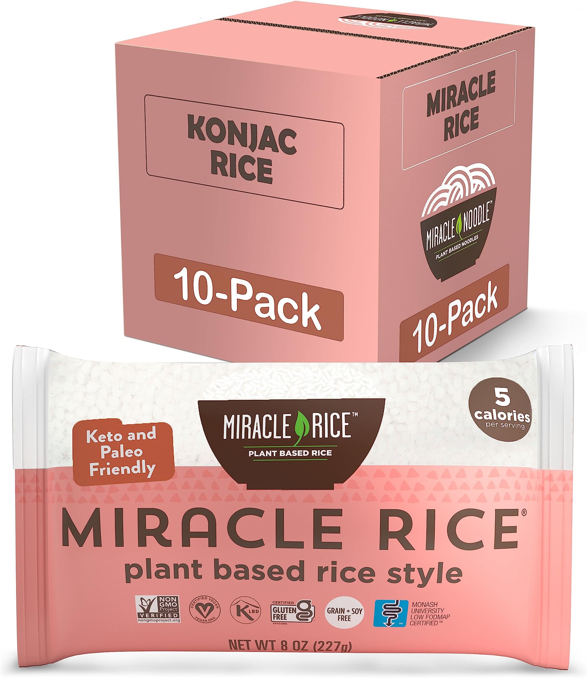 Miracle Rice, 8 Oz (Pack of 10), Plant Based Shirataki Konjac Rice, 5 Calories, 1g Net Carbs Per Serving, Keto, Gluten-Free