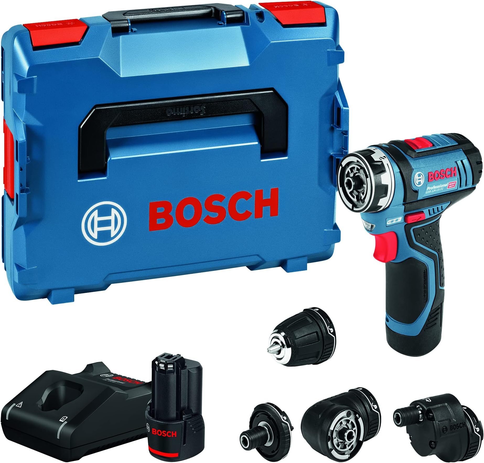 Bosch Professional 12V System Cordless Drill Driver GSR 12V-15 FC (2X Battery GBA 12V 2.0Ah, Charger GAL 12V-40, 4X Adapter (GFA 12-B, GFA 12-X, GFA 12-W, GFA 12-E, L-BOXX 102)