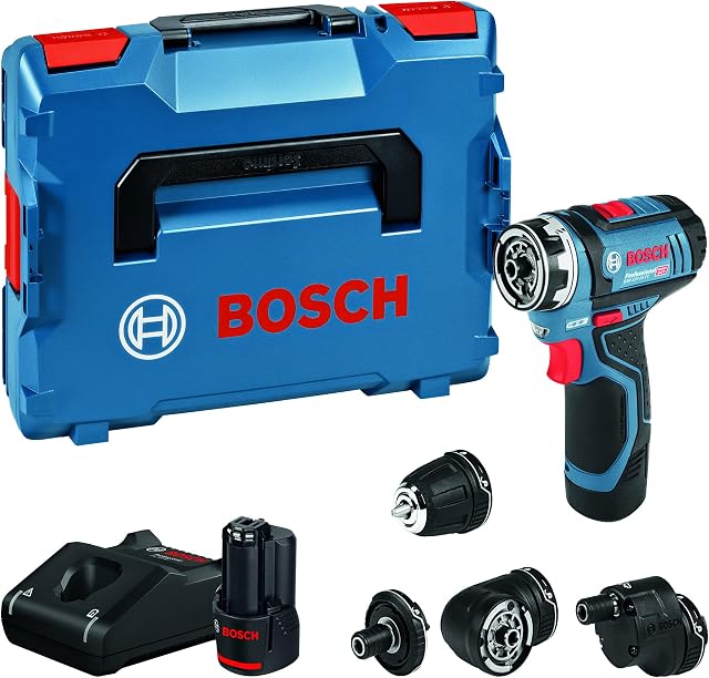 Bosch Professional 12V System Cordless Drill Driver GSR 12V-15 FC (2x battery GBA 12V 2.0Ah, Charger GAL 12V-40, 4x adapter (GFA 12-B, GFA 12-X, GFA 12-W, GFA 12-E, L-BOXX 102)