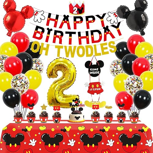 Suministros para fiesta de cumpleaños de 2º ratón, 57 piezas, pancarta de feliz cumpleaños con texto en inglés "OH TWODles", globo de aluminio con
