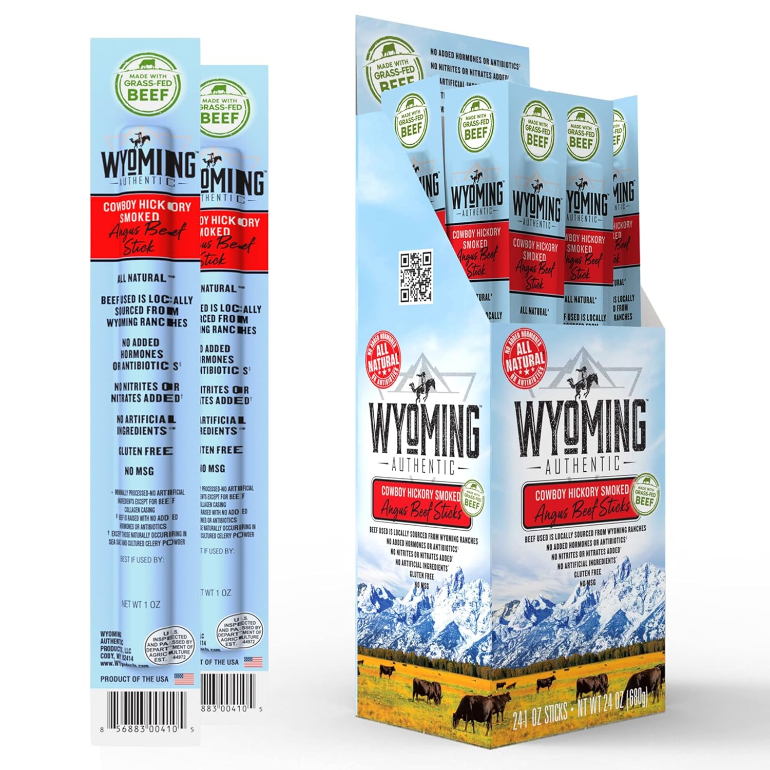 Wyoming 100% Grass Fed Beef Sticks - Cowboy Hickory Smoke Flavor - Clean Tasty Meat Sticks snacks with 6g of protein made with Angus Beef Sticks, Nitrate Free, Jerky Meat Sticks - No Artificial Ingredients, Individually wrapped- Pack of 24