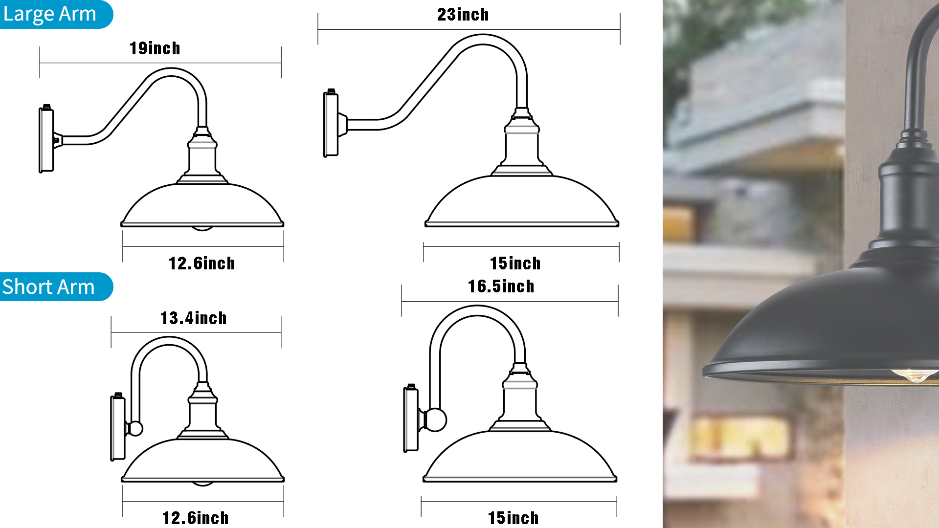 Image of 15 Inch Large Outdoor Farmhouse Barn Lights, Dusk to Dawn Gooseneck Lights, Vintage and Rustic Style Porch Lights for House, Patio Or Garage