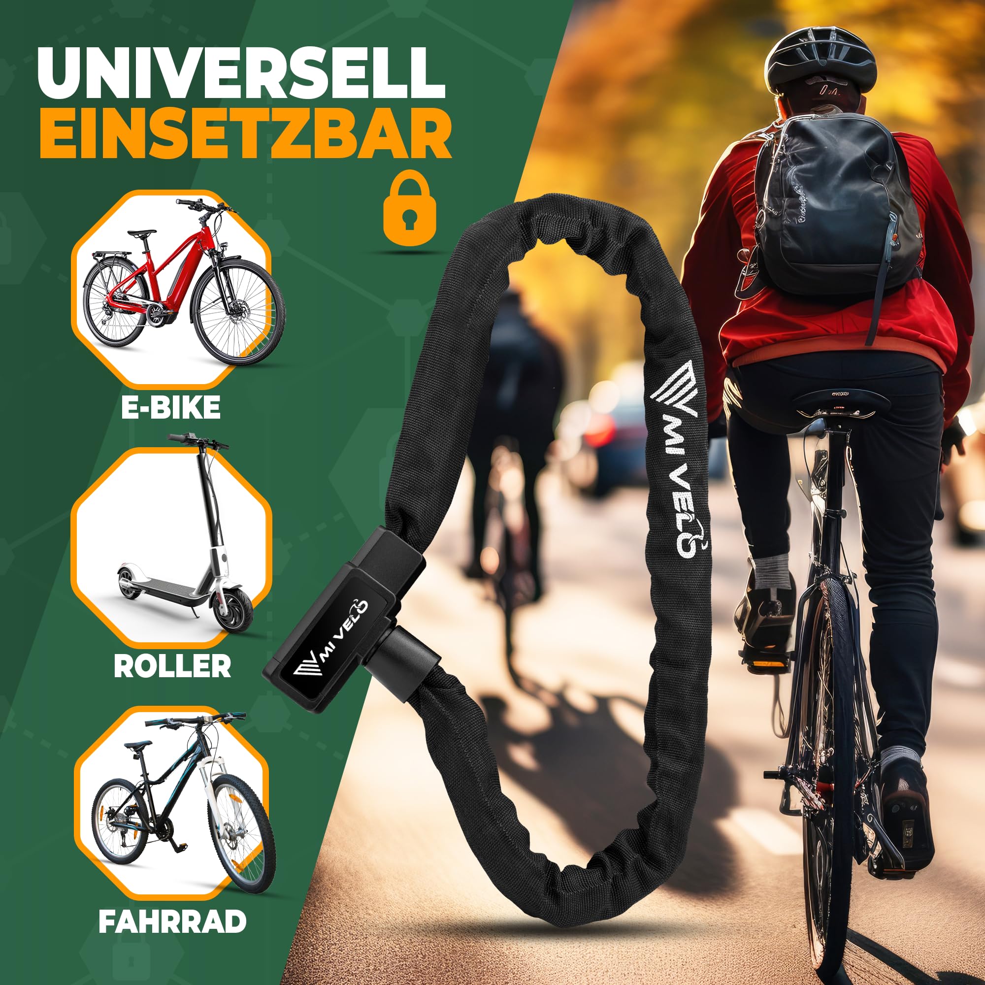MIVELO Fahrradschloss Kettenschloss hohe Sicherheit 100cm lang I Fahrrad Schloss 8mm gehärteter Stahl I Radschloss ideal für E Bike, MTB & Rennrad I Bike Lock (mit Schluessel)