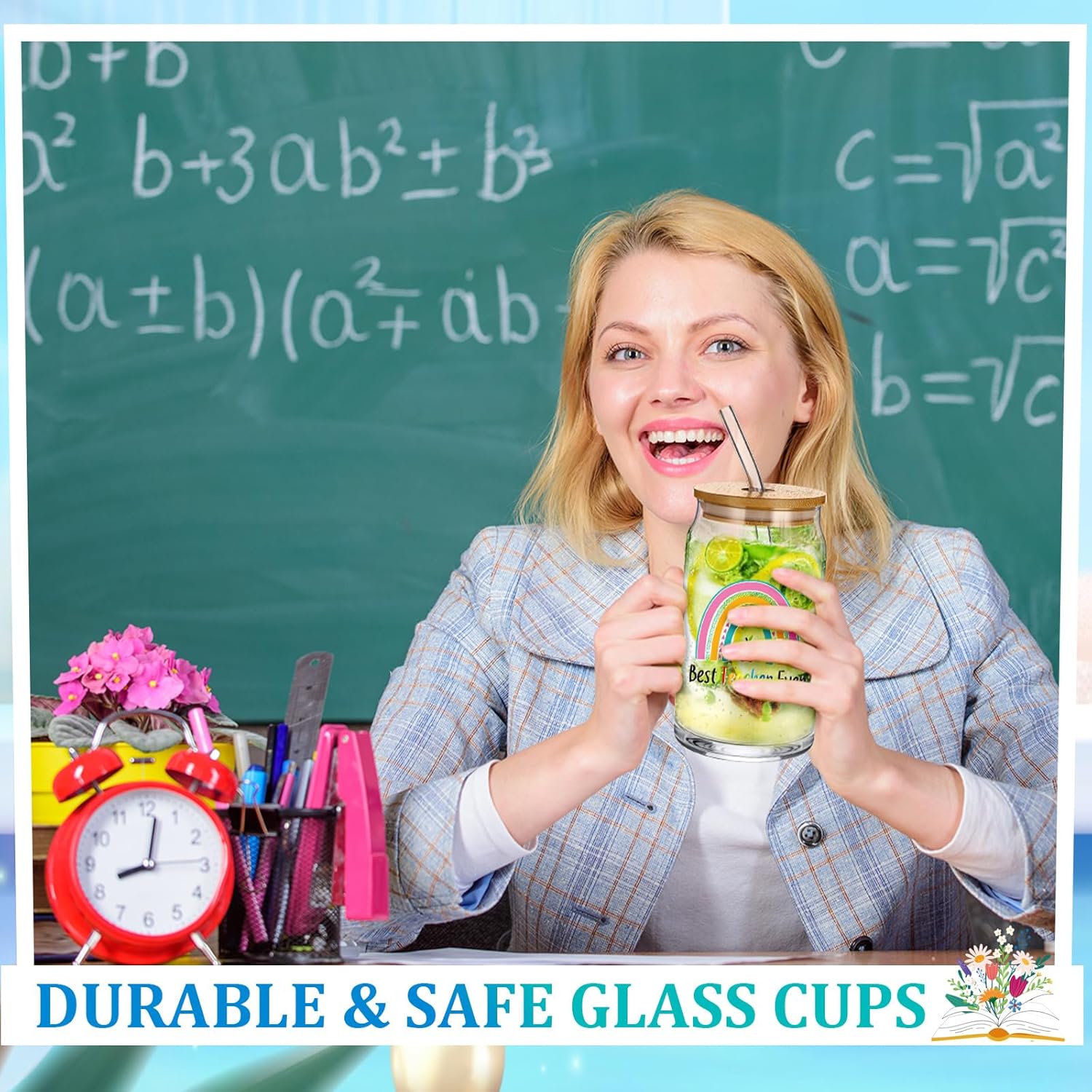 Layhit 12 Set Teacher Appreciation Gifts Glass Cups Bulk for Women Men 16 oz Thank You Drinking Cups Can Shaped Glass with Lids Straws and Gift Boxes for Multiple Teachers School Staff Preschool