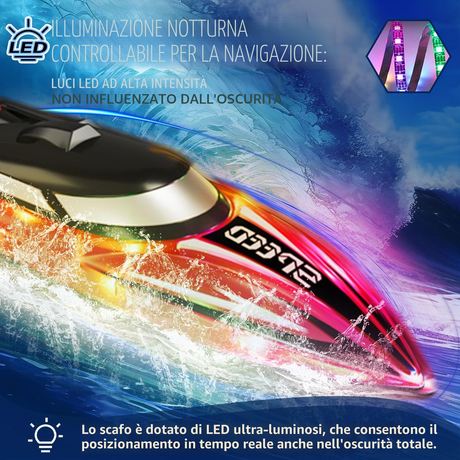 RoserRose Barca telecomandata, barca radiocomandata con illuminazione a LED, telecomando da 2,4 G, doppio motore, impermeabile e protezione contro il ribaltamento, per bambini, con 2 batterie per mari