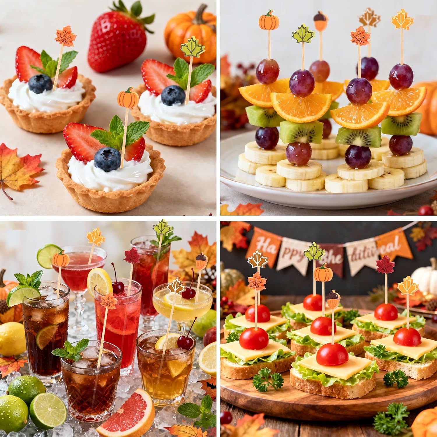 100 Pcs Thanksgiving Toothpicks, 4.72 Inch Fall Cocktail Picks for Appetizers, Maple Leaf Pumpkin Acorn Bamboo Toothpick Skewers for Thanksgiving Day Fall Themed Party Supplies