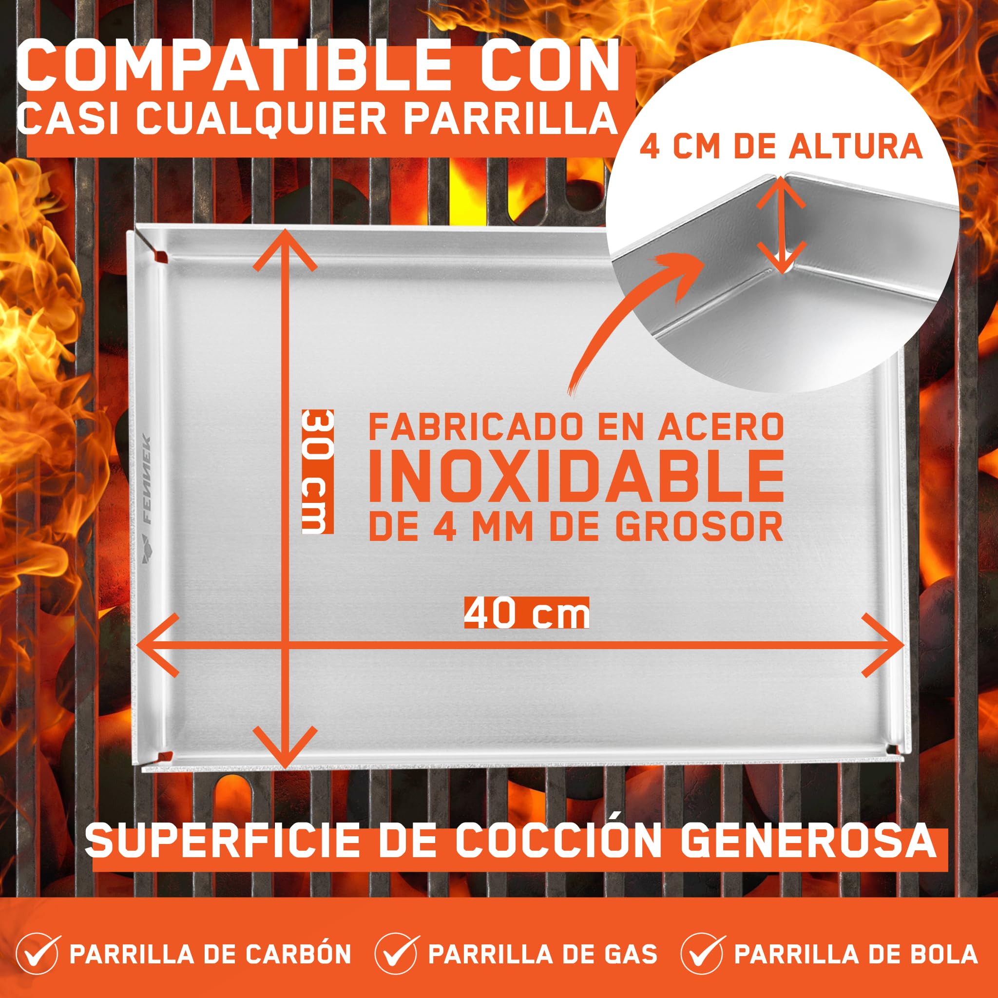 FENNEK Plancha de 40 x 30 cm Teppanyaki plancha con borde frontal y gran orificio de drenaje, acero inoxidable de 4,0 mm, para hamburguesas, verduras, pescado, etc., apta para lavavajillas, bordes