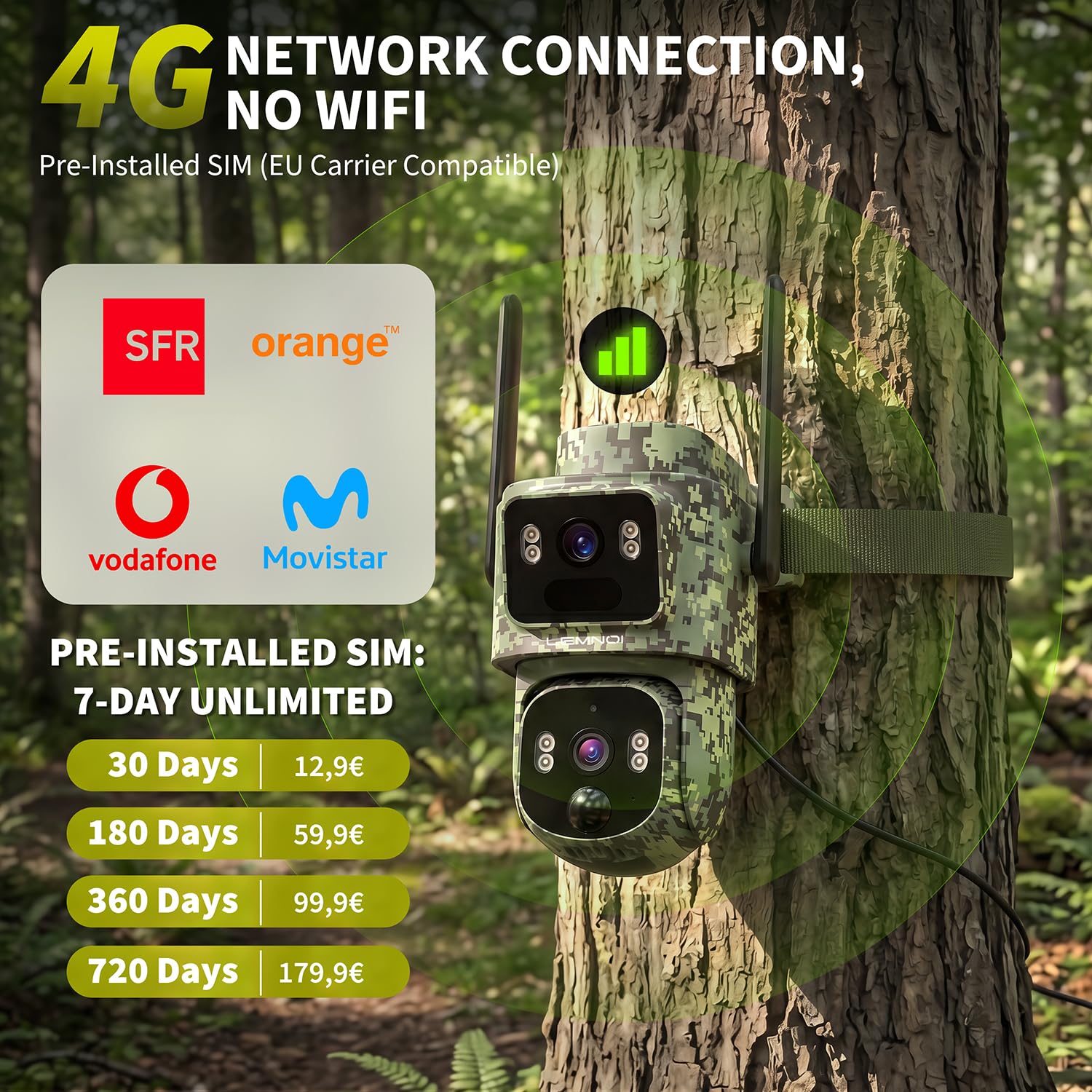 LEMNOI 4G Cámara de Vigilancia Exterior Solar con Dos Lentes, SIM Preinstalado Sin WiFi, 360° PTZ con Seguimiento Humano, Detección de Movimiento, 2K Visión Nocturna, Audio Bidireccional, IP66