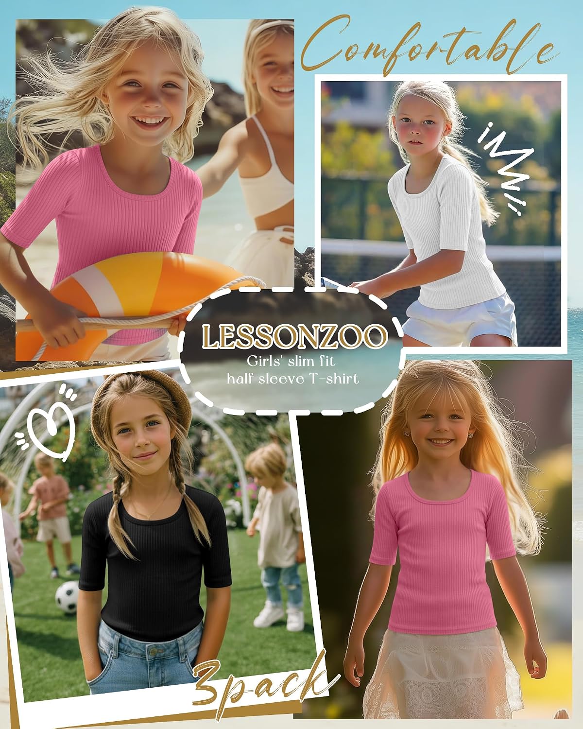 3 Pack Girls' Half Sleeve Shirts | Short Sleeve Tops, Ribbed Knit, Slim Fit, Scoop Neck, U Neck, Basic Tees, Sizes 5-14Y, Summer, Daily, School, Playground