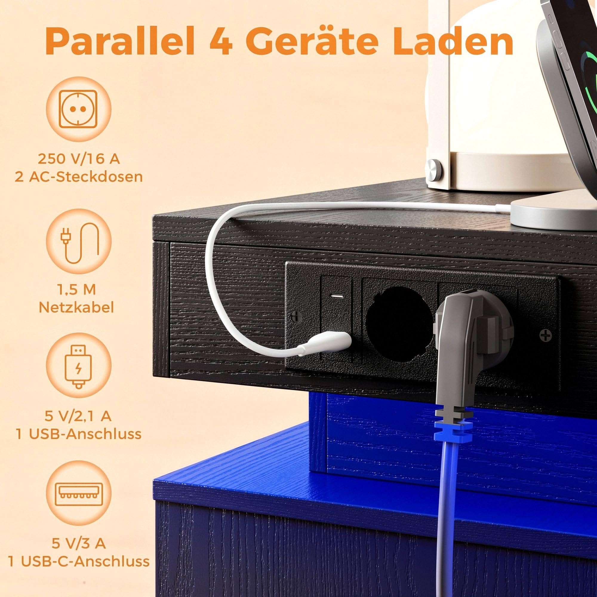 Ironck Nachttisch 2er Set mit Ladestation und LED-Beleuchtung – Bild 3